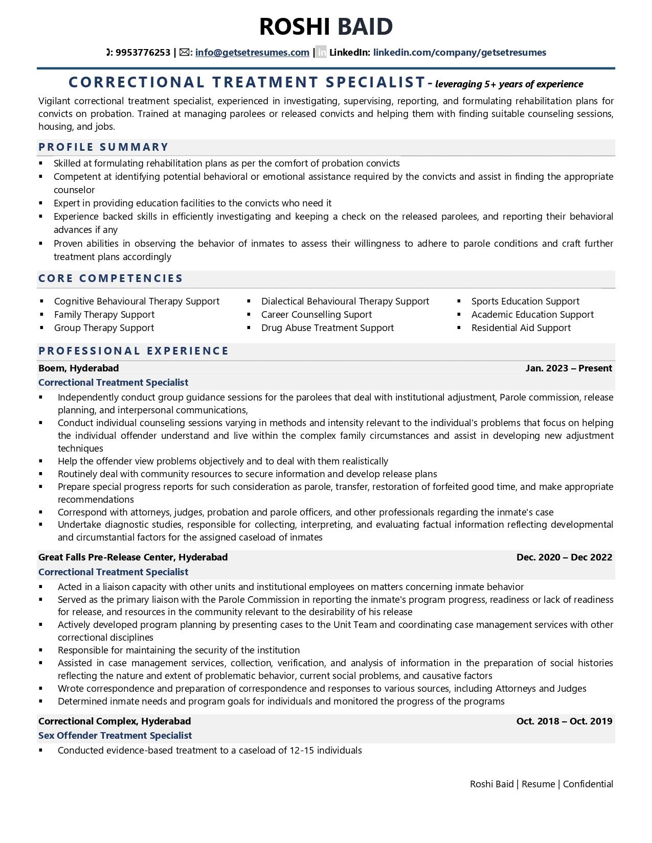 Correctional Treatment Specialist - Resume Example & Template