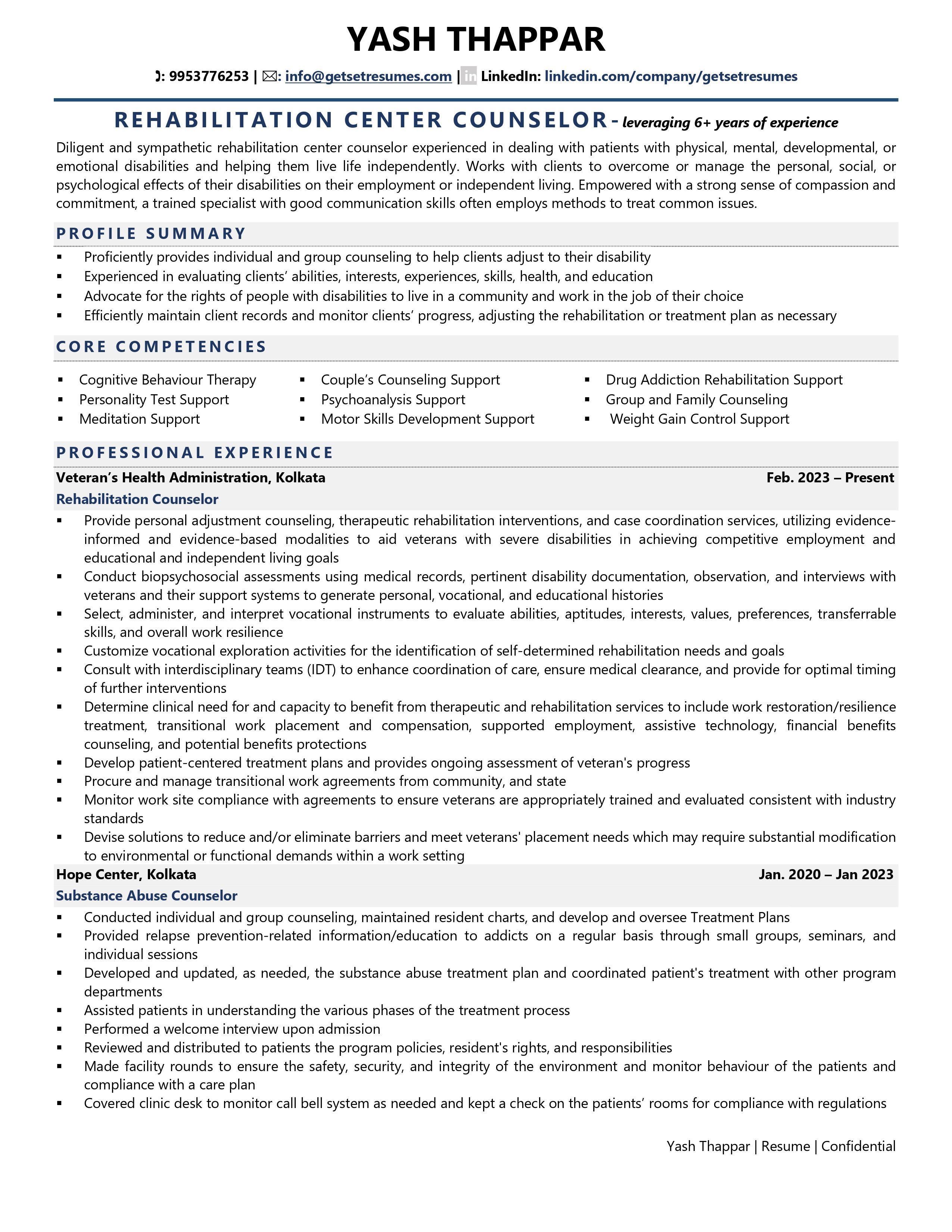 Rehabilitation Center Counselor - Resume Example & Template