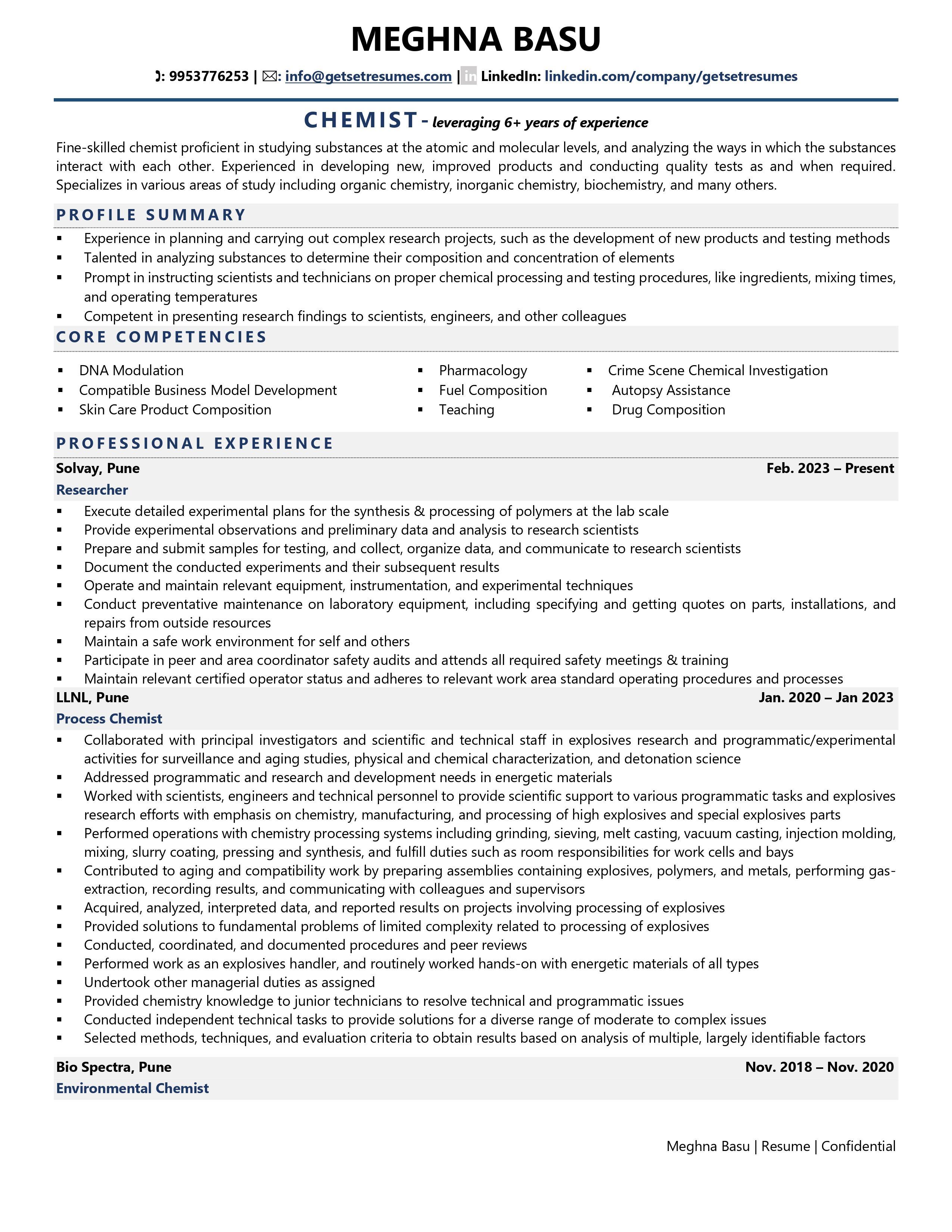 Chemist - Resume Example & Template