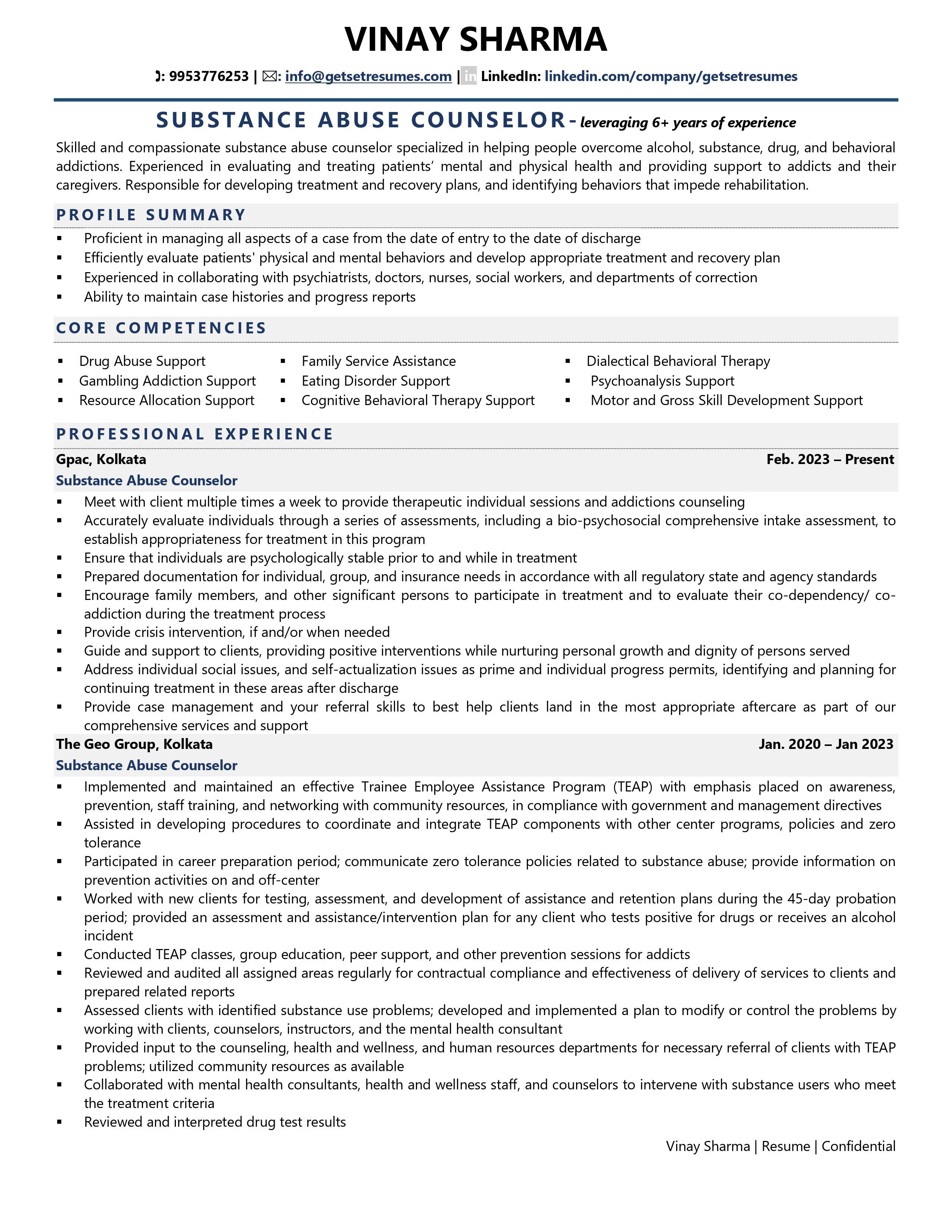 Substance Abuse Counselor - Resume Example & Template