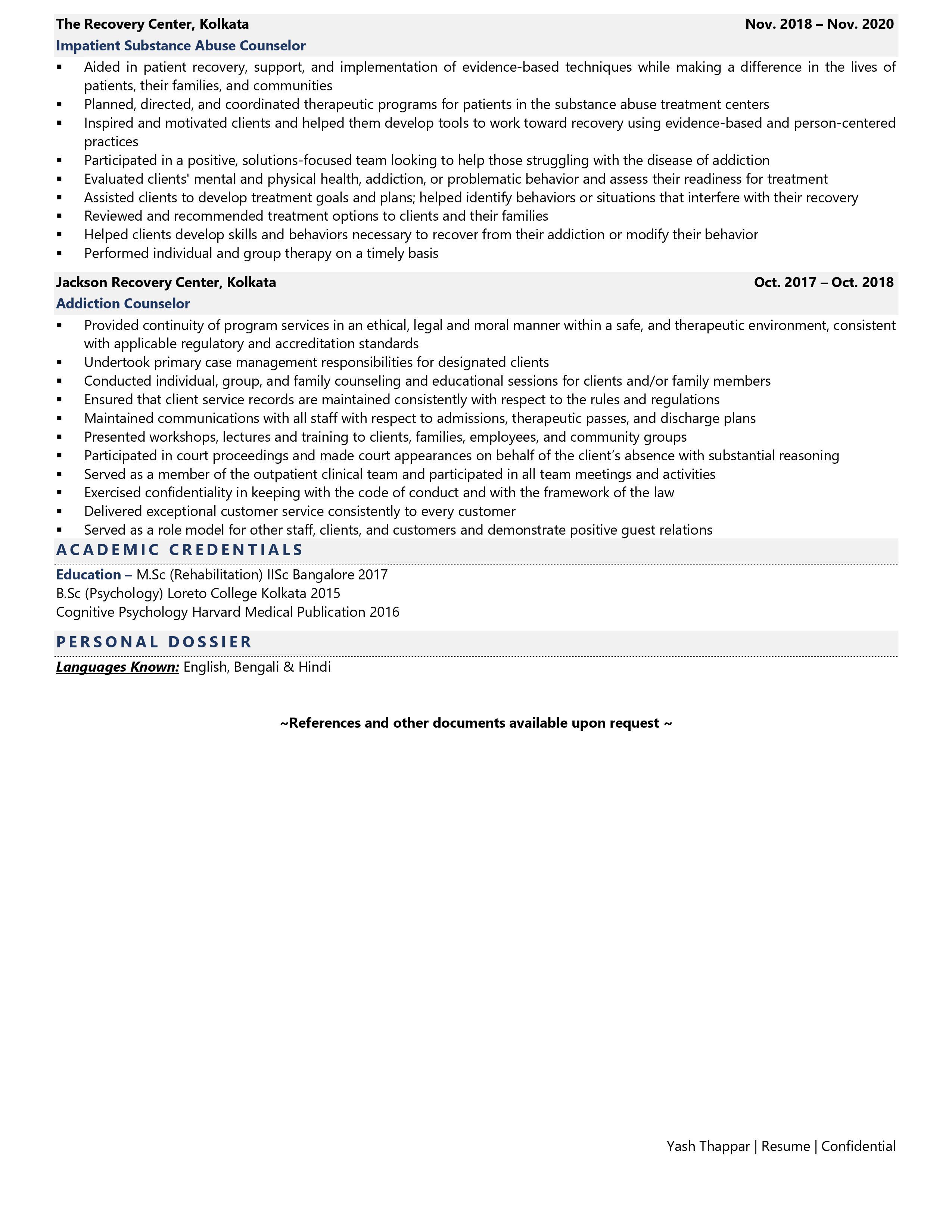 Rehabilitation Center Counselor - Resume Example & Template