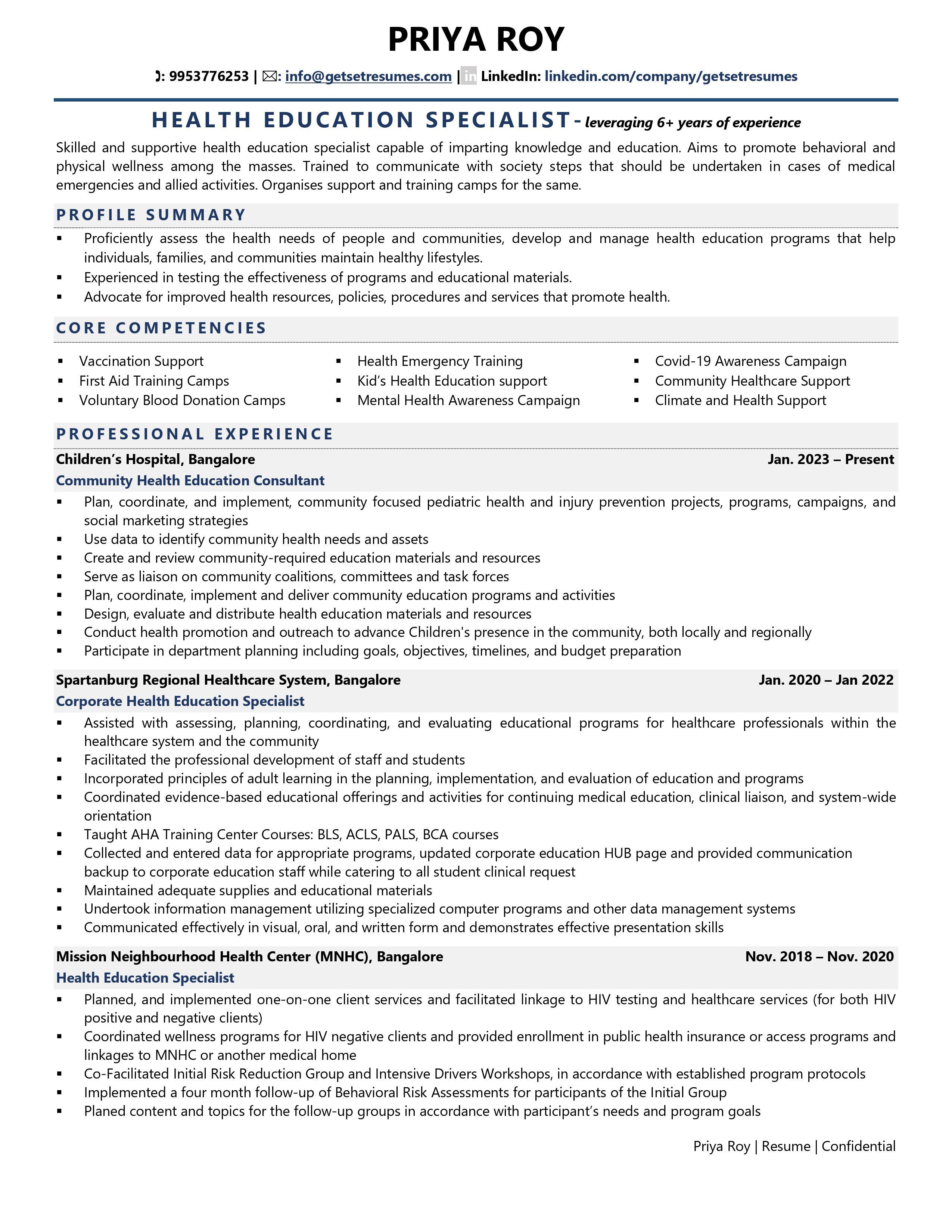 Health Education Specialist - Resume Example & Template