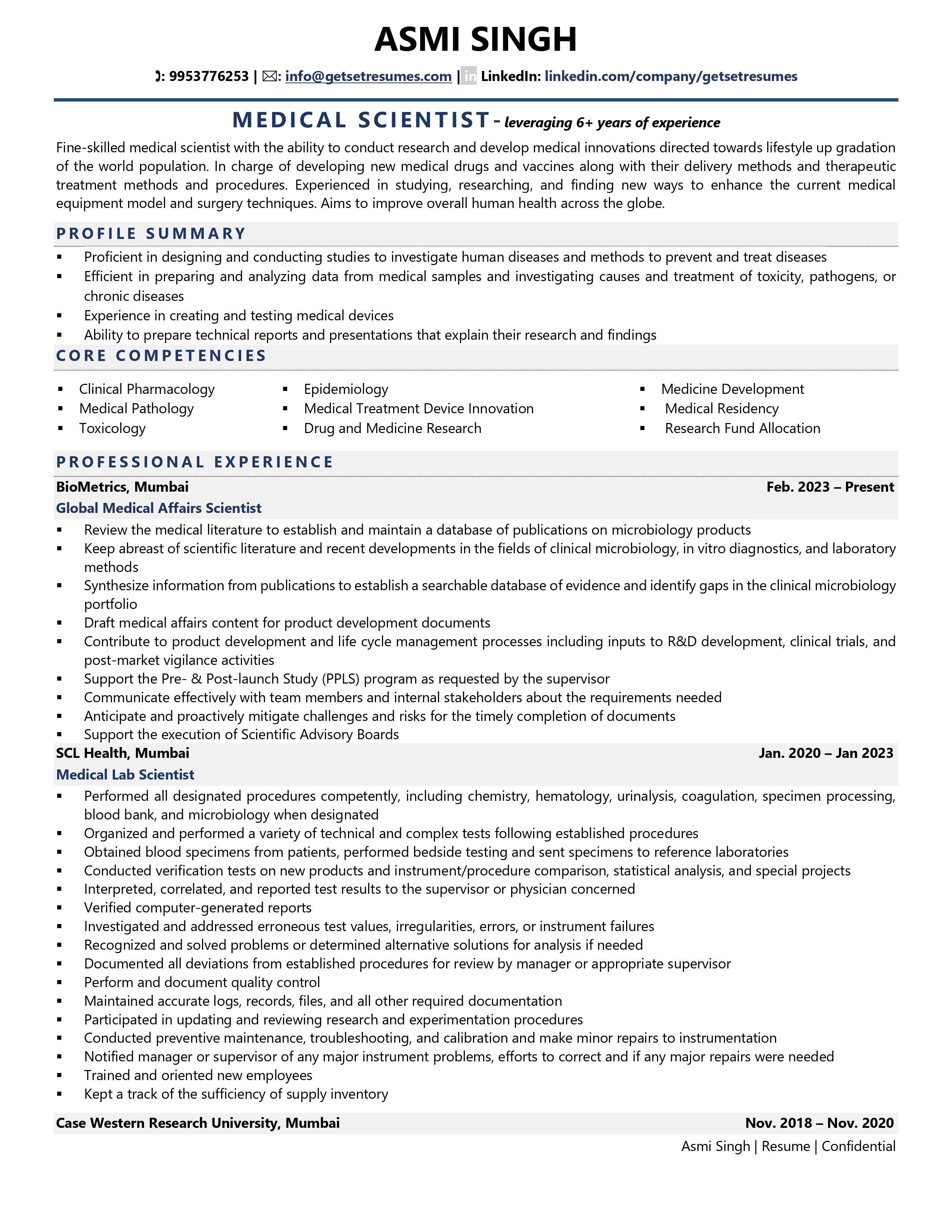 Medical Scientist - Resume Example & Template