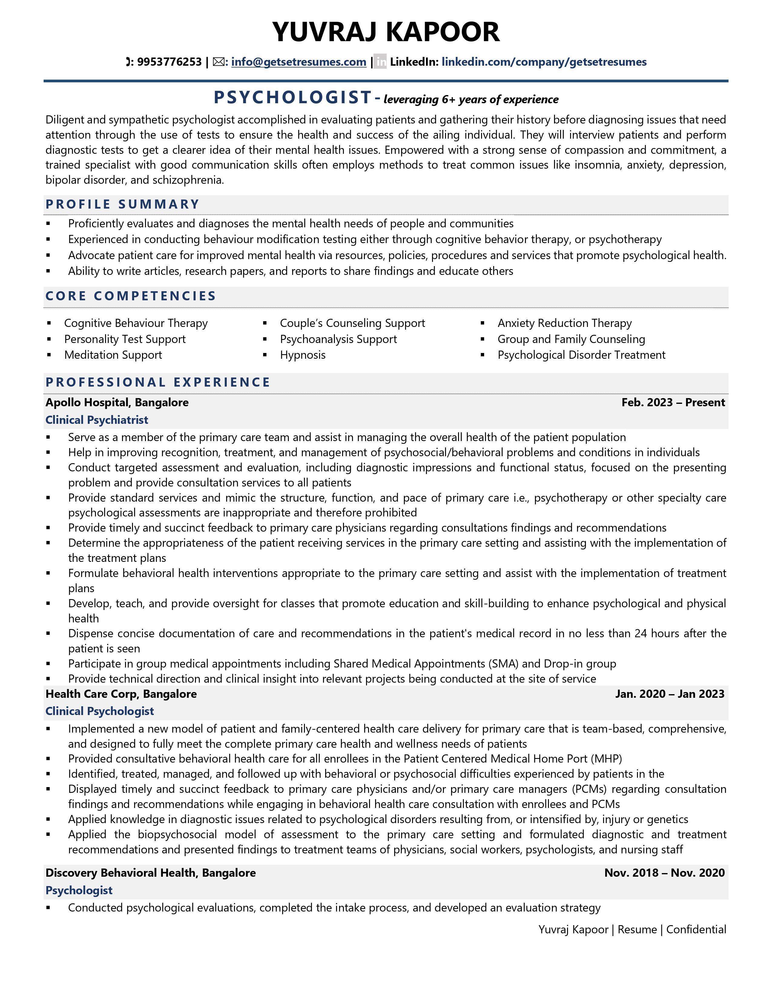 Psychologist - Resume Example & Template