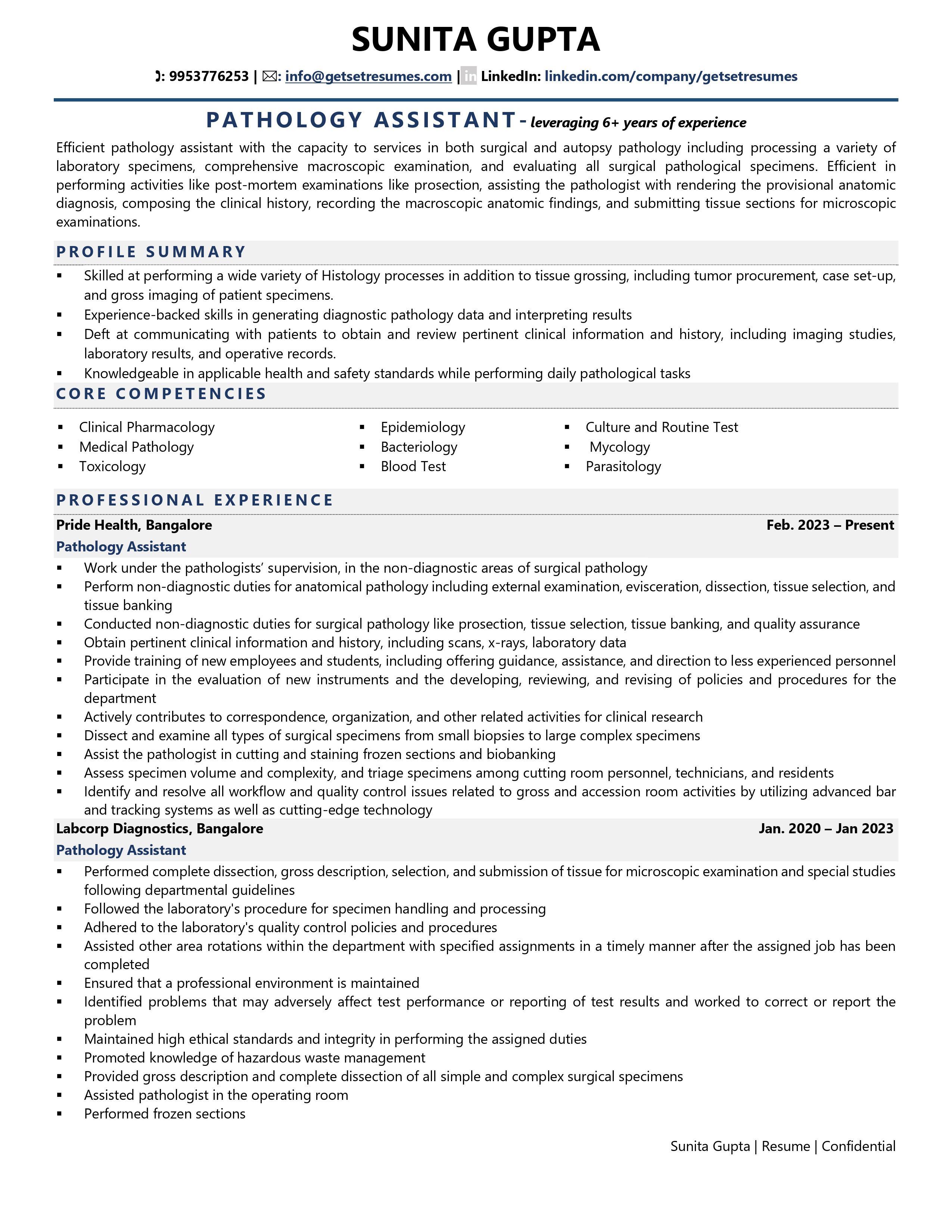 Pathology Assistant - Resume Example & Template