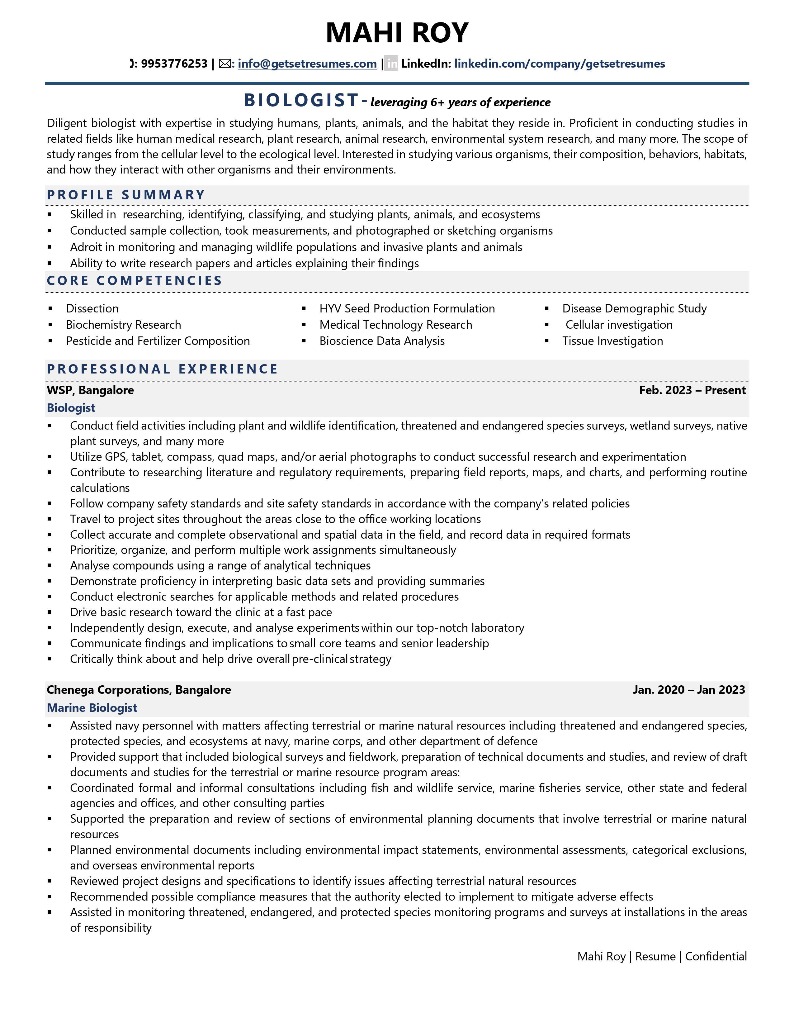 Biologist - Resume Example & Template