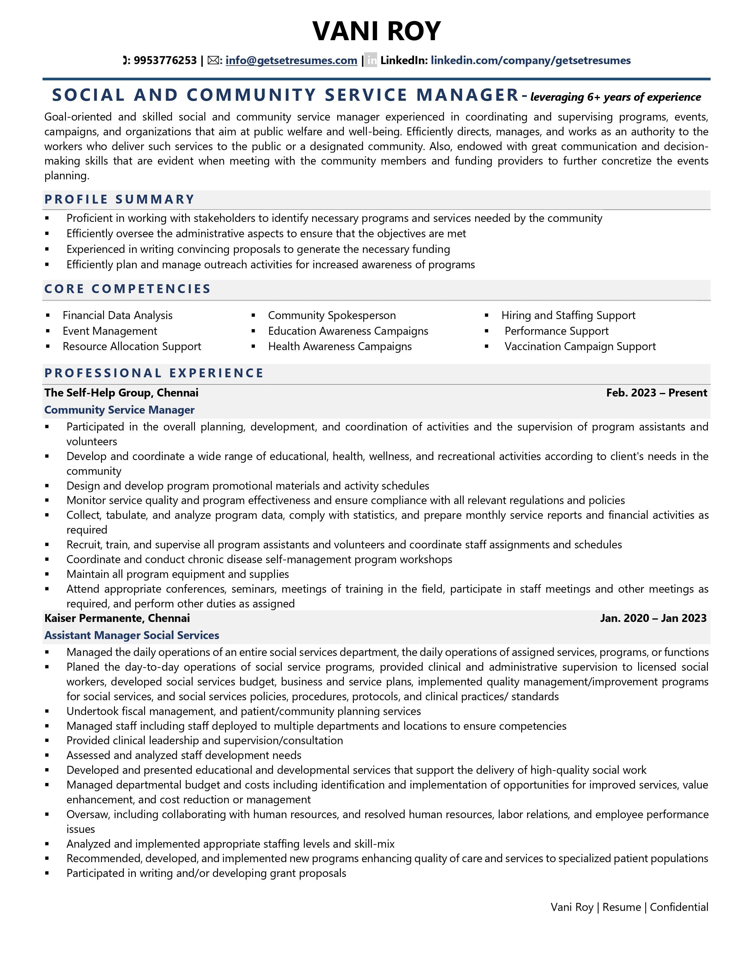 Social and Community Service Manager - Resume Example & Template