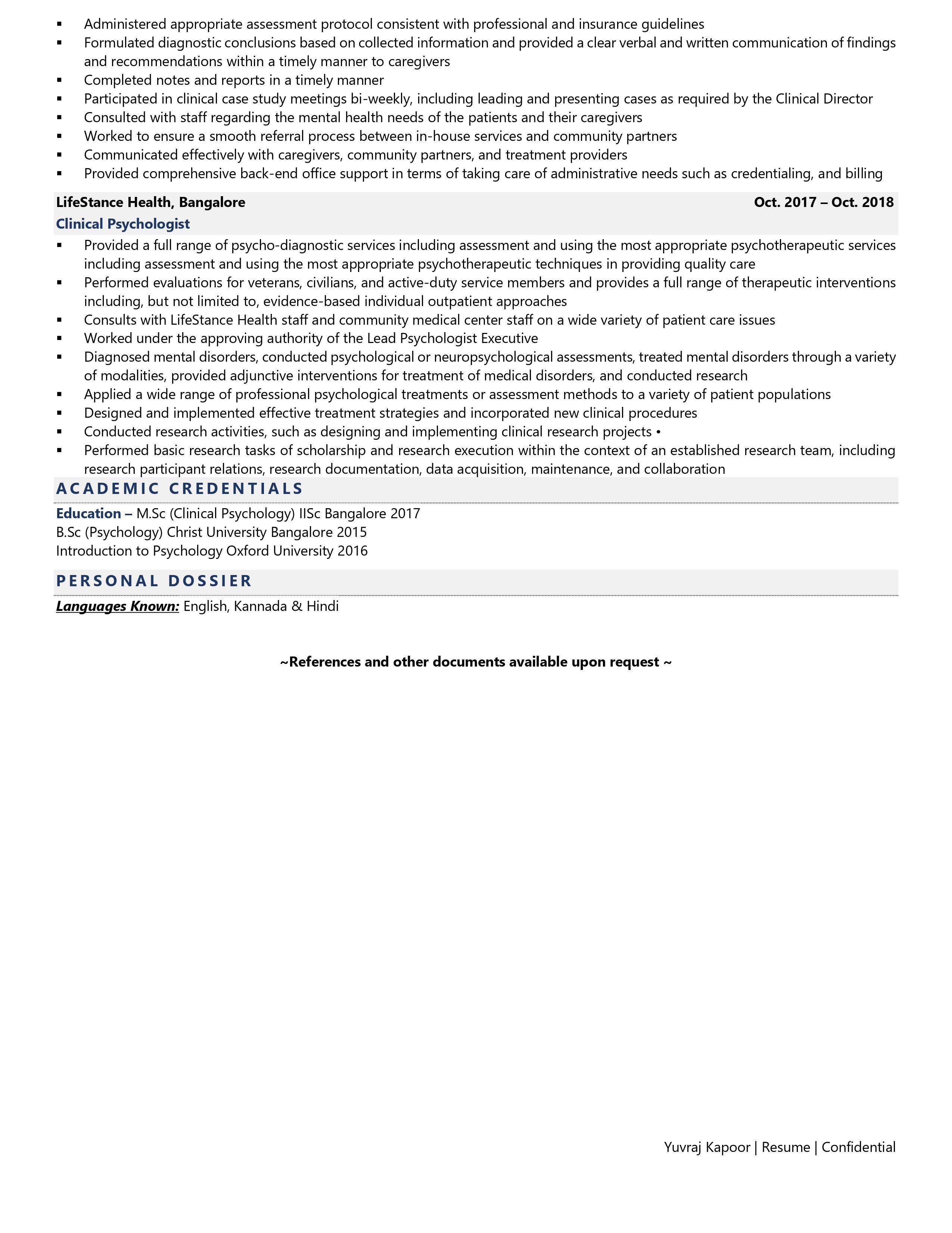 Psychologist - Resume Example & Template