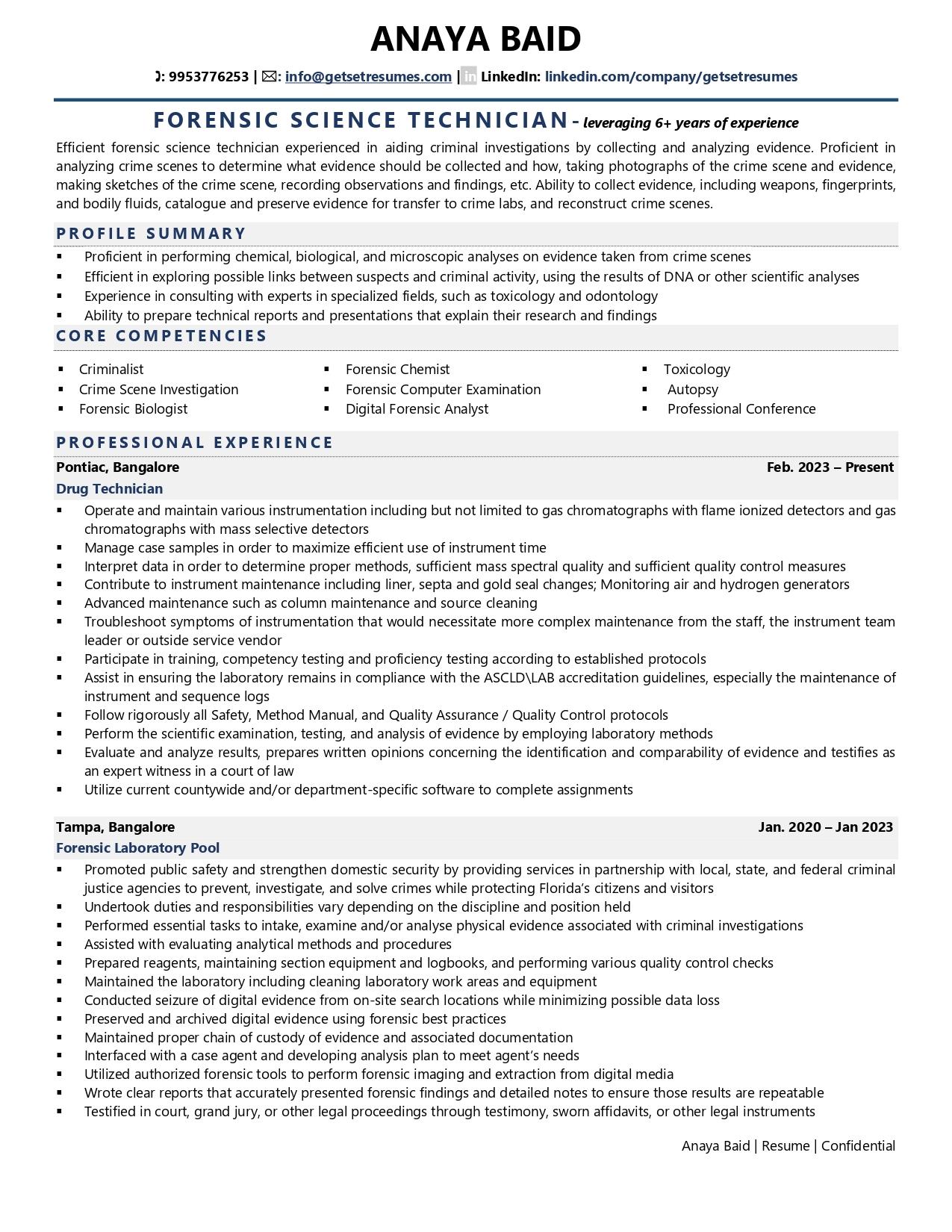 Forensic Science Technician - Resume Example & Template