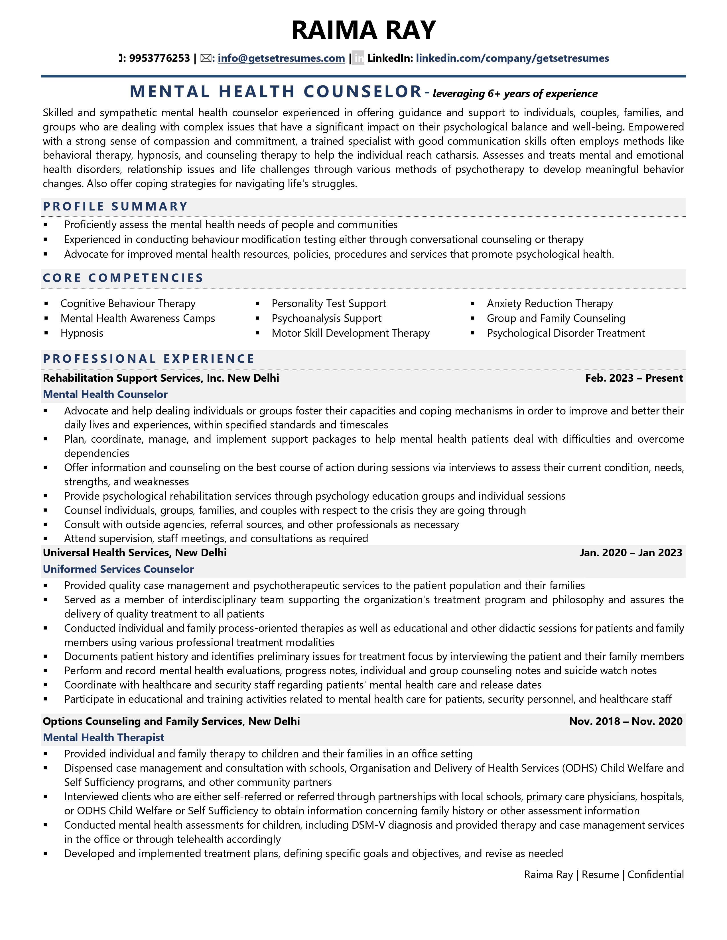 resume examples for mental health professionals