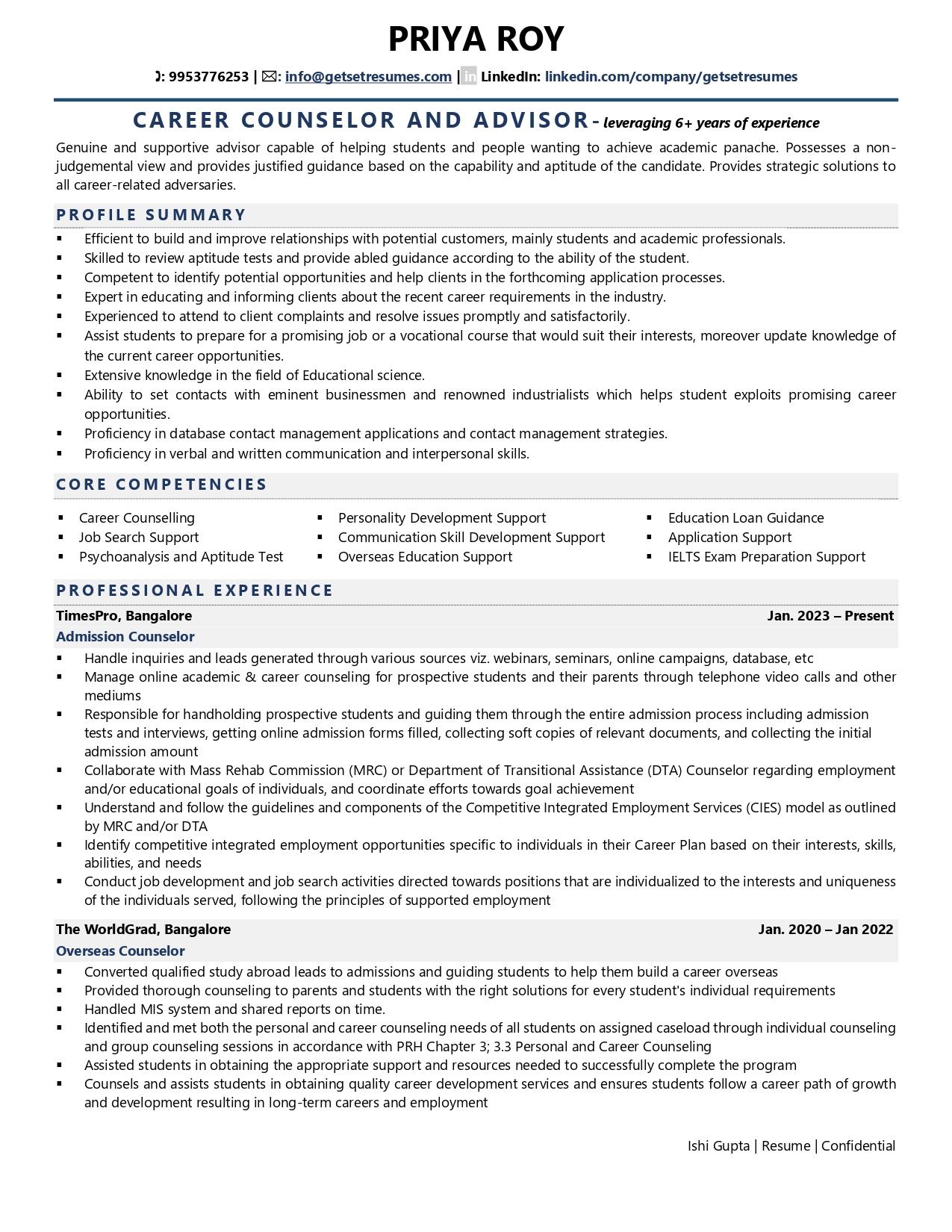 Career Counselor and Advisor - Resume Example & Template