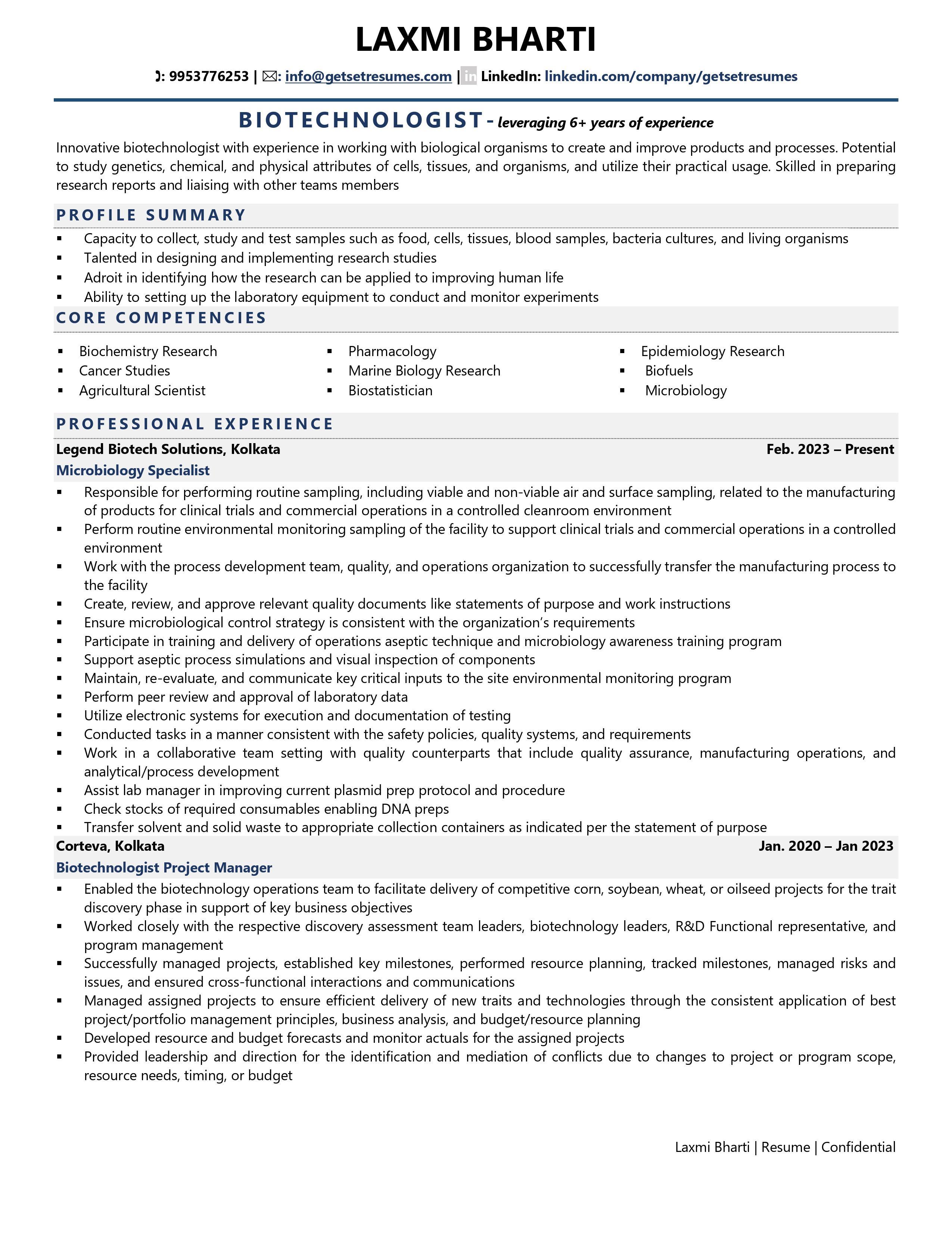 Biotechnologist - Resume Example & Template