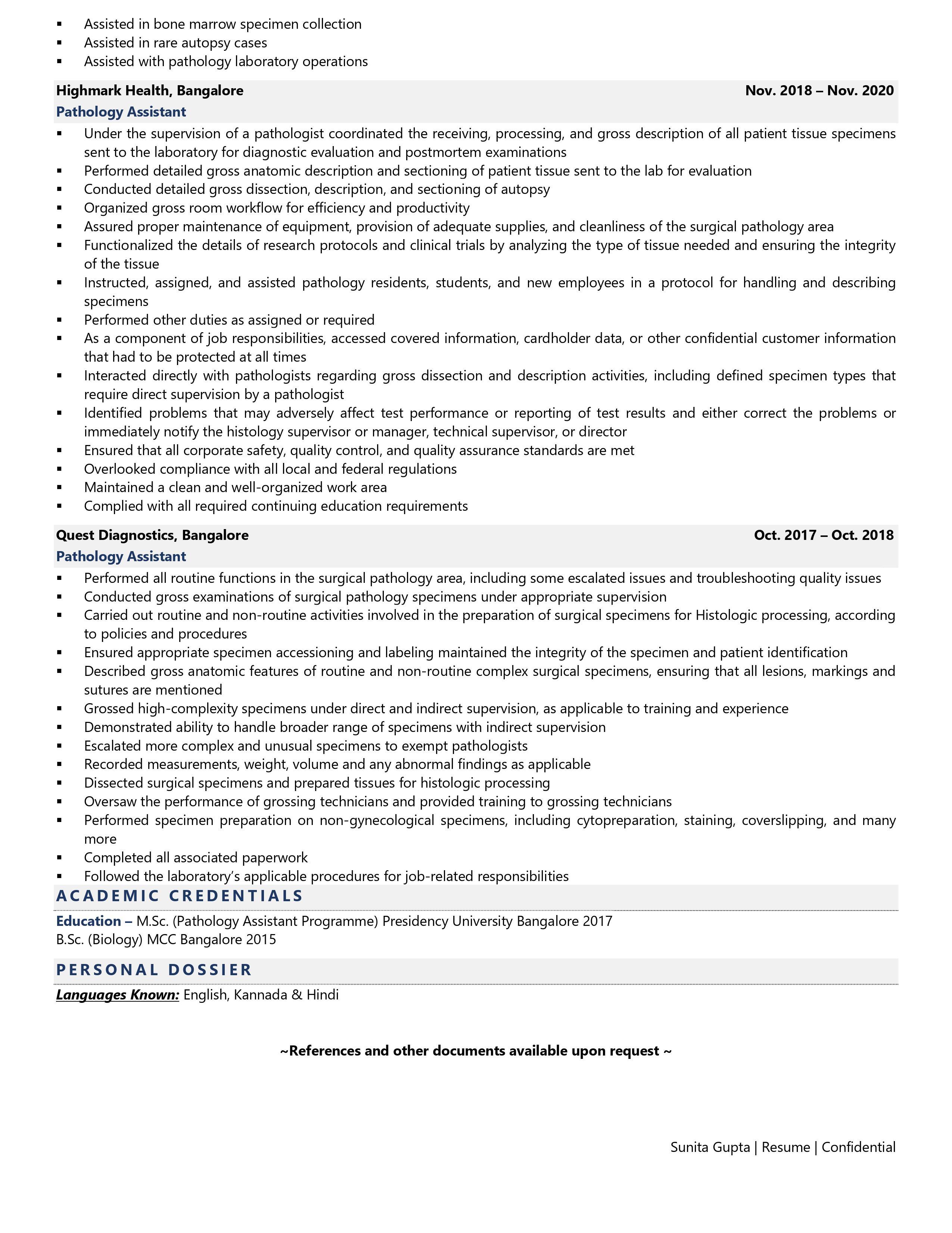 Pathology Assistant - Resume Example & Template