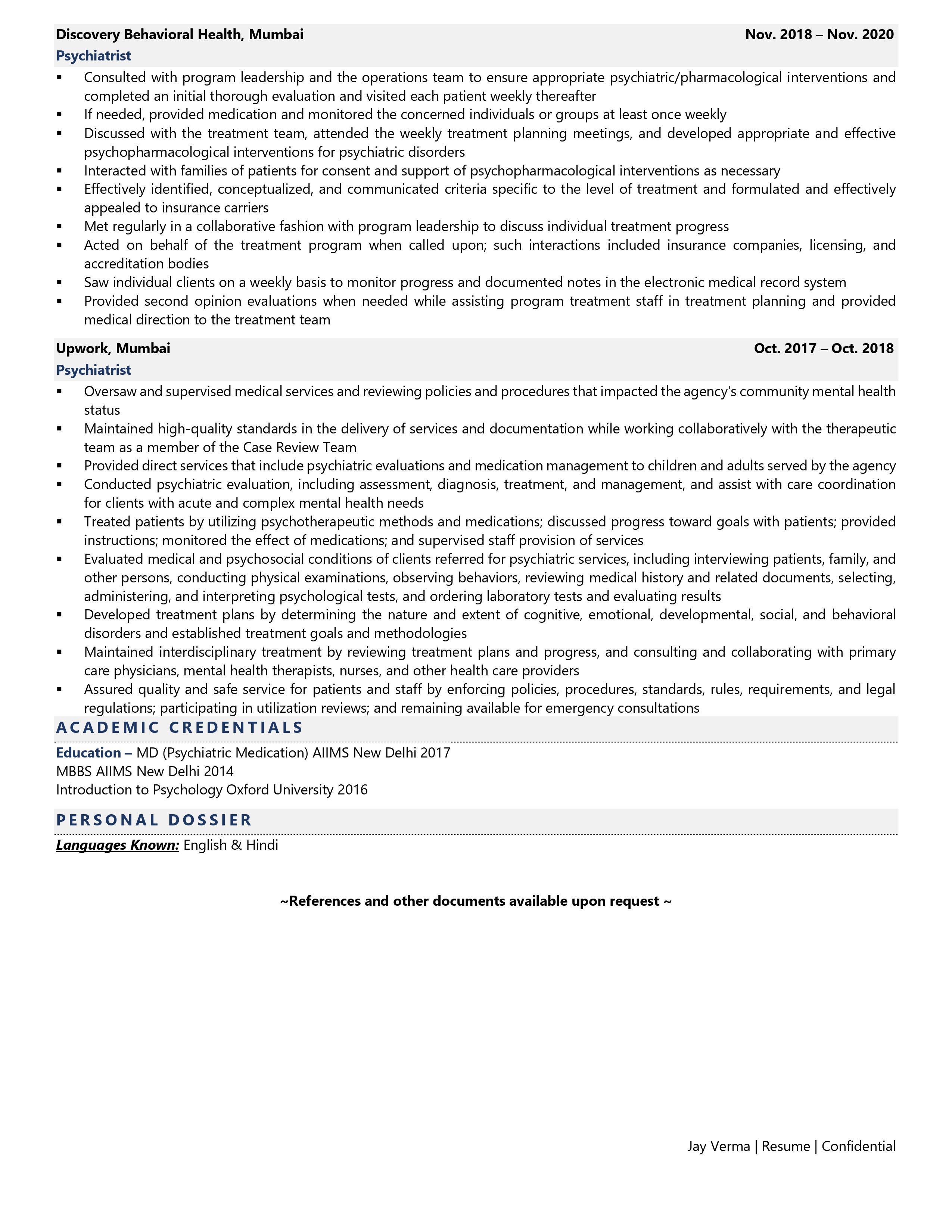 Psychiatrist - Resume Example & Template