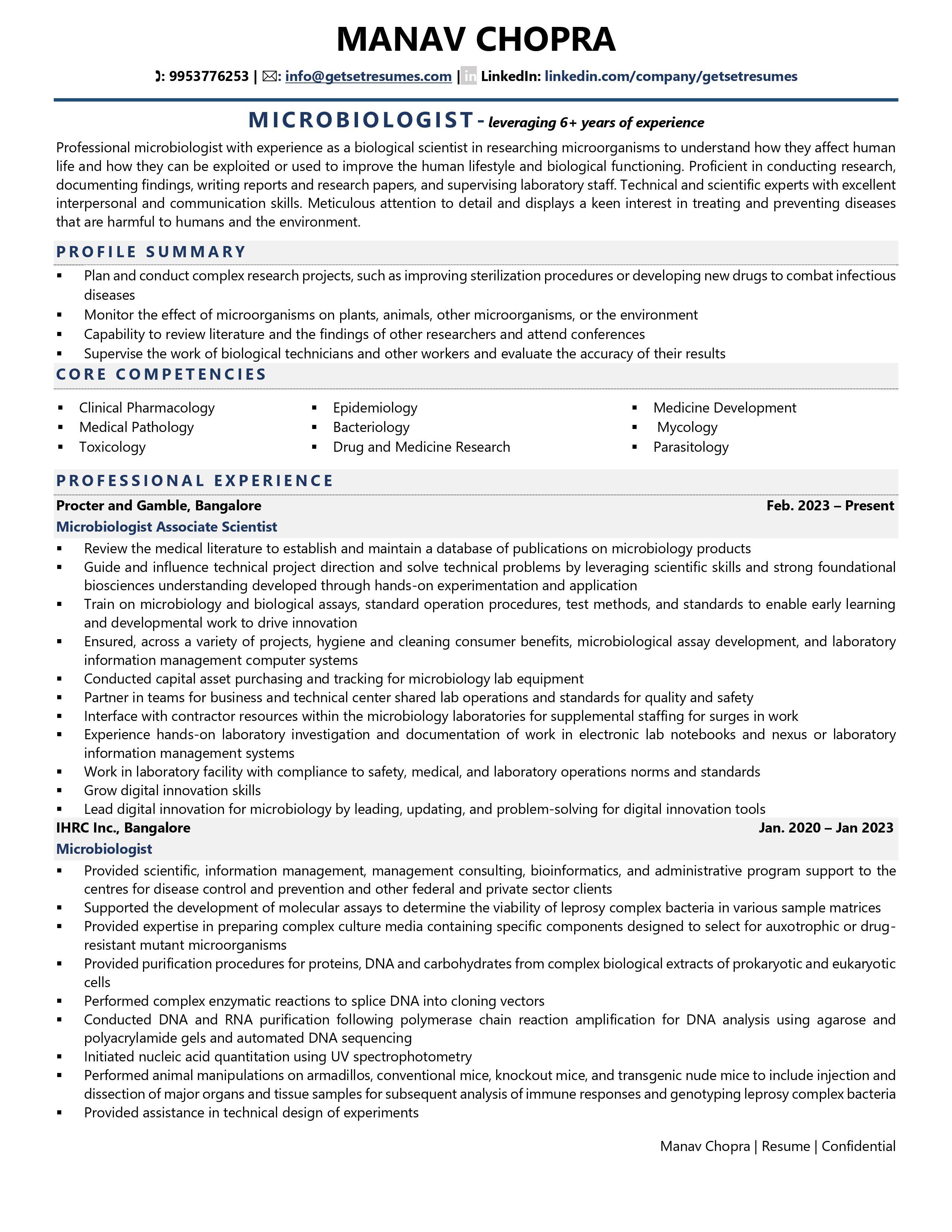 Microbiologist - Resume Example & Template