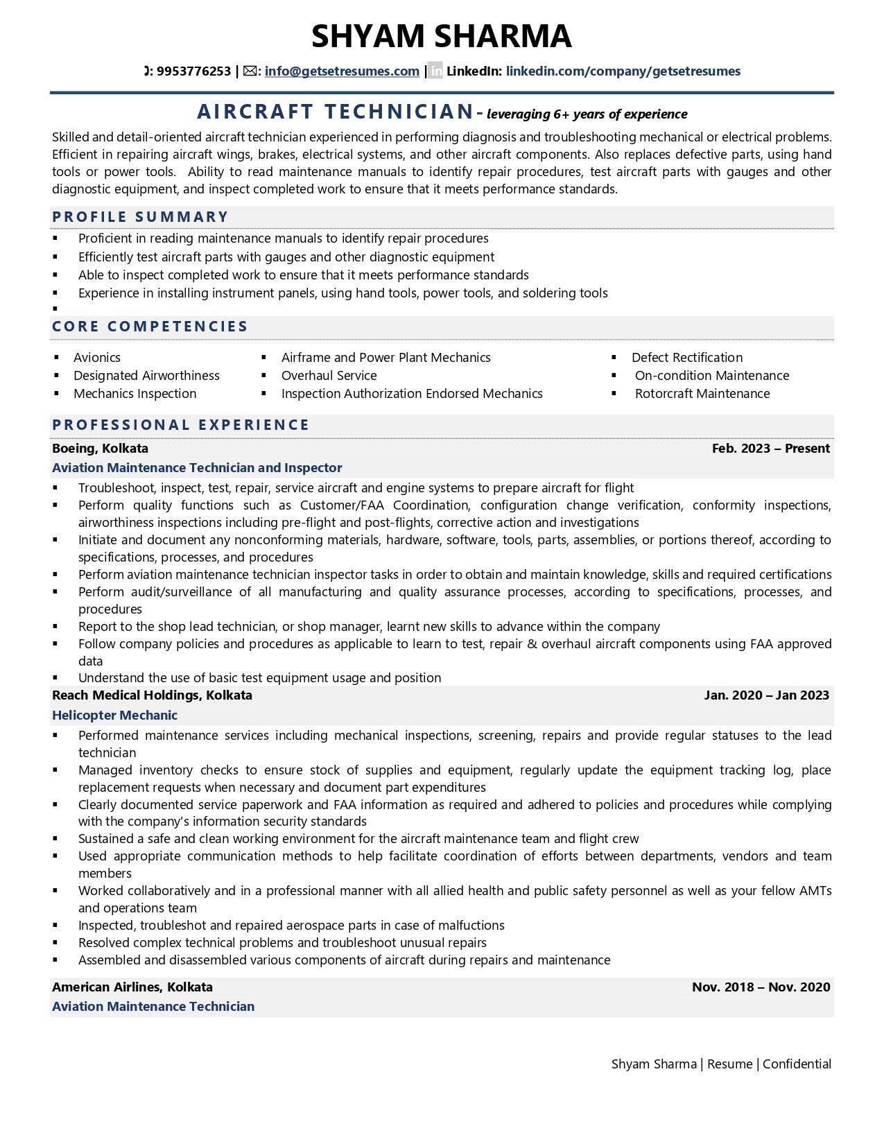 Aircraft Technician - Resume Example & Template