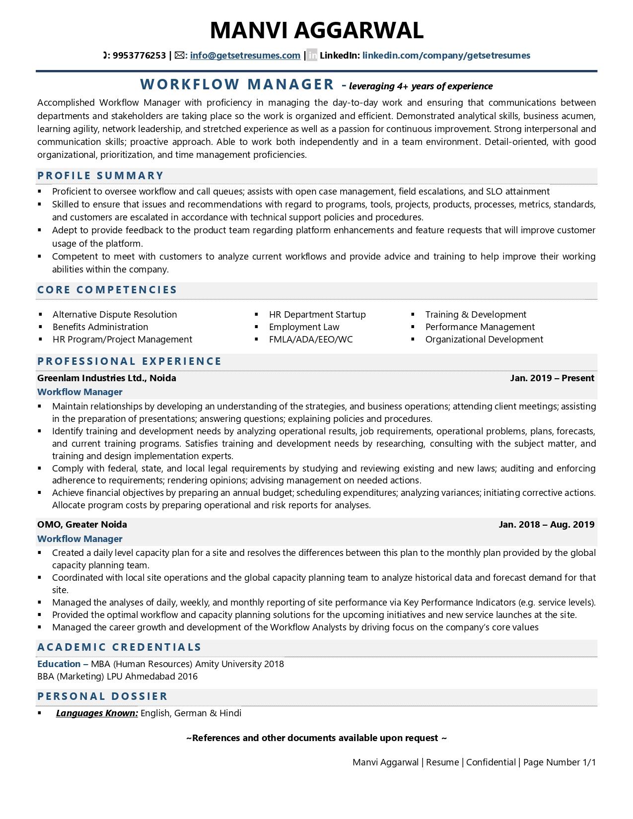 Workflow Manager - Resume Example & Template