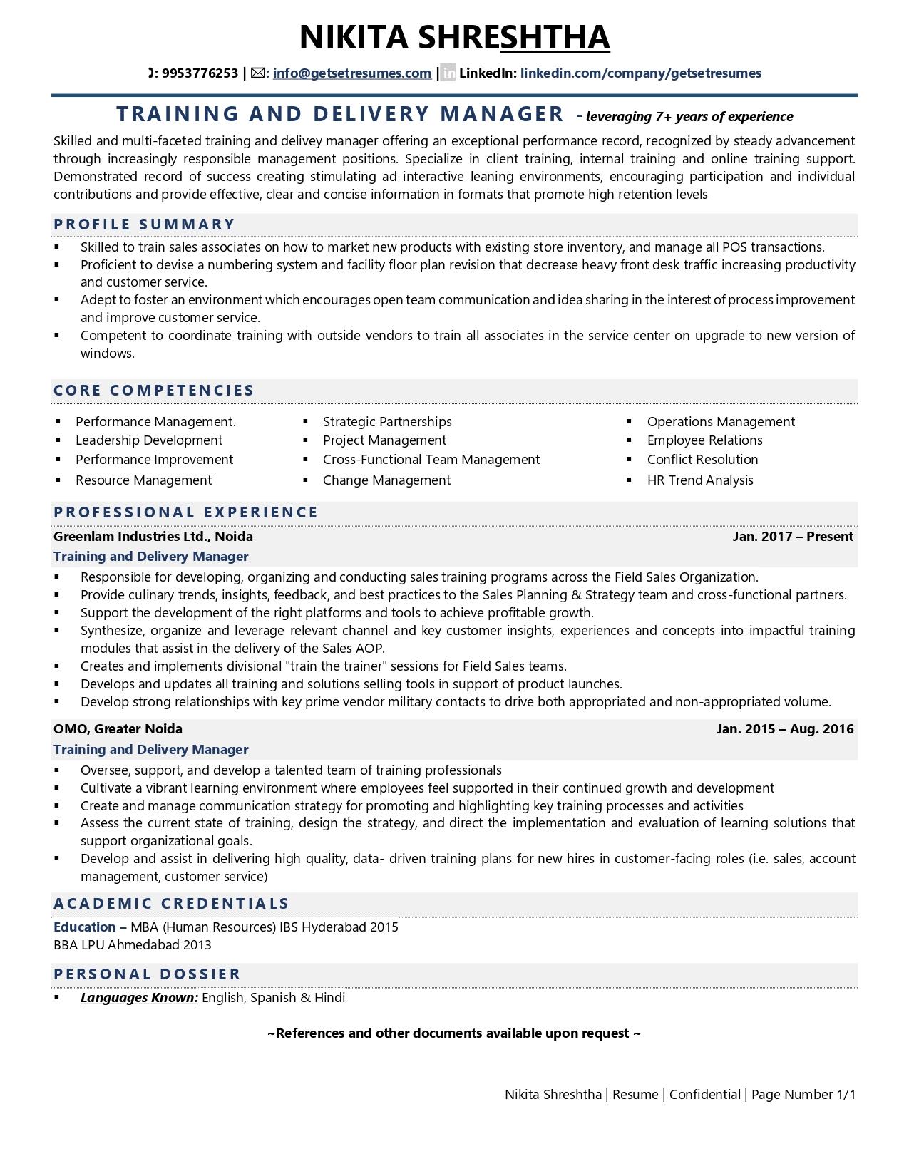 Training & Delivery Manager - Resume Example & Template