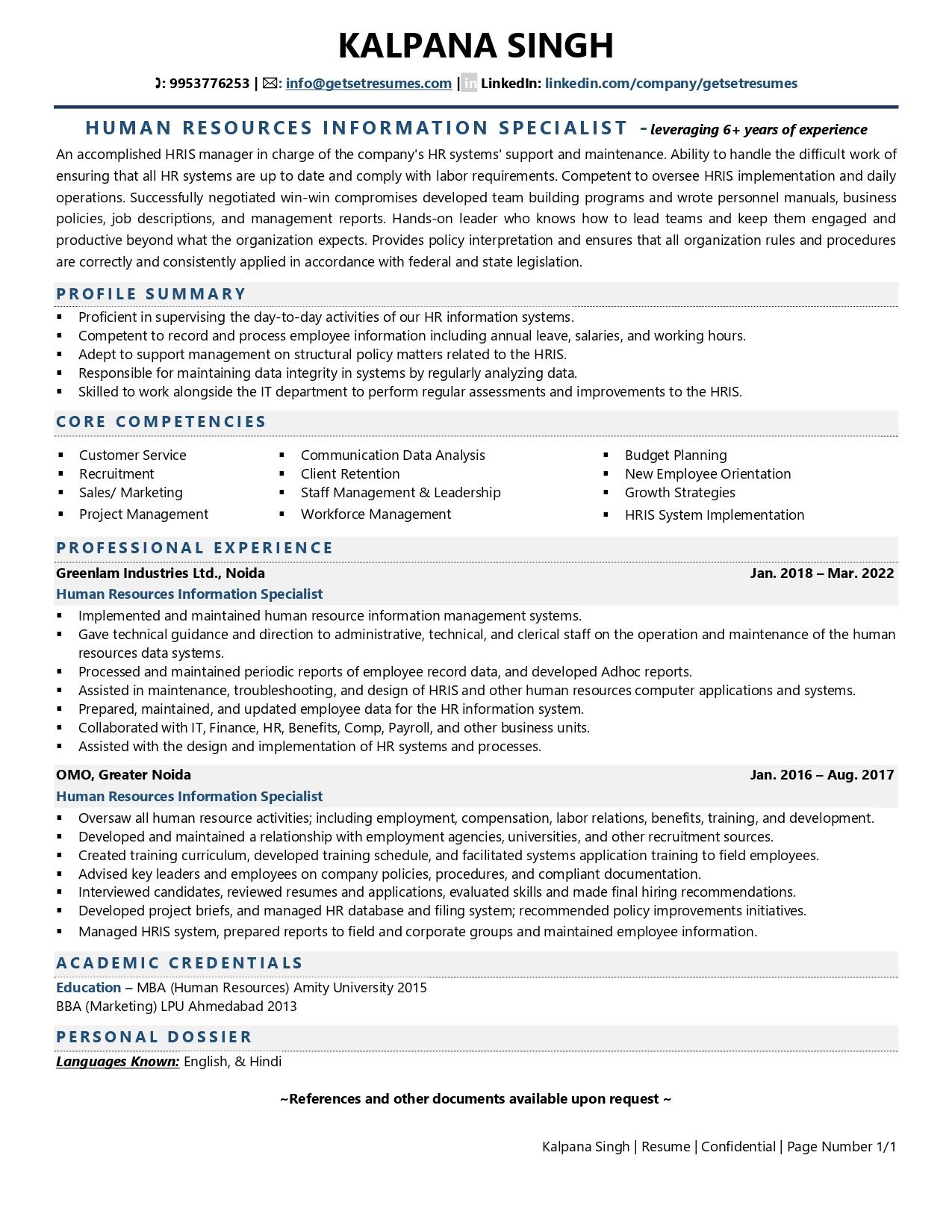 Human Resource Information Specialist - Resume Example & Template
