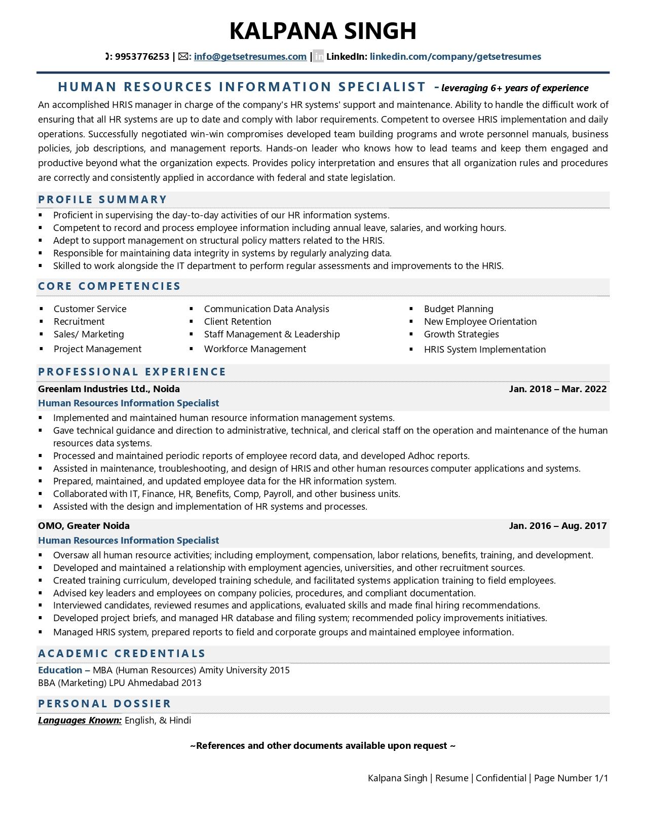 resume for human resources specialist