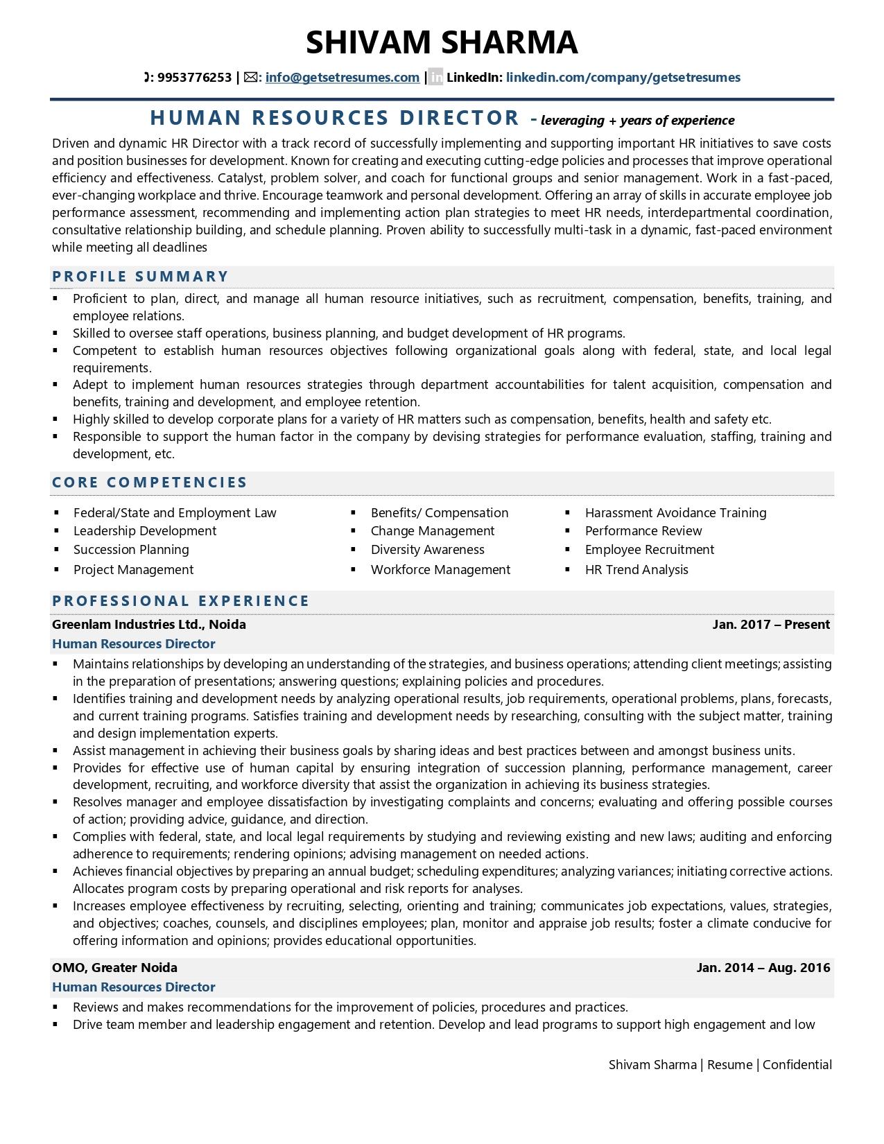 sample resume for hr director