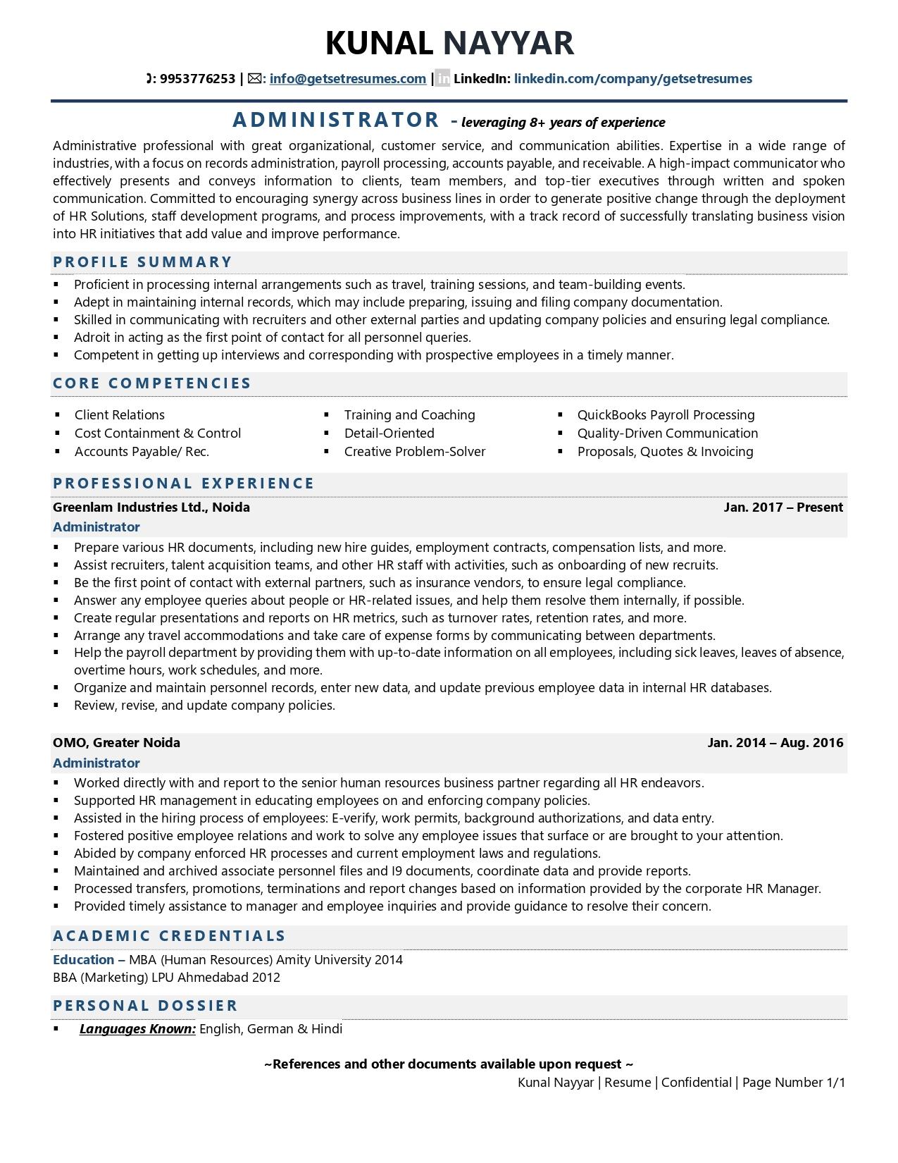 resume example for office administrator