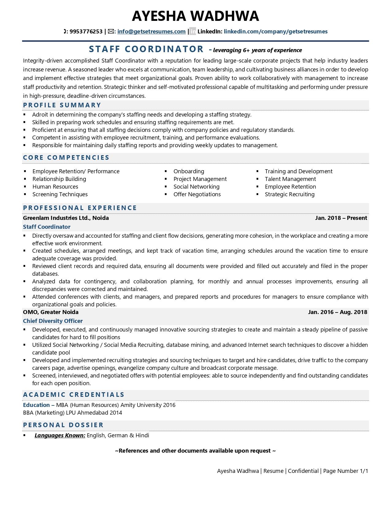 Staff Coordinator - Resume Example & Template