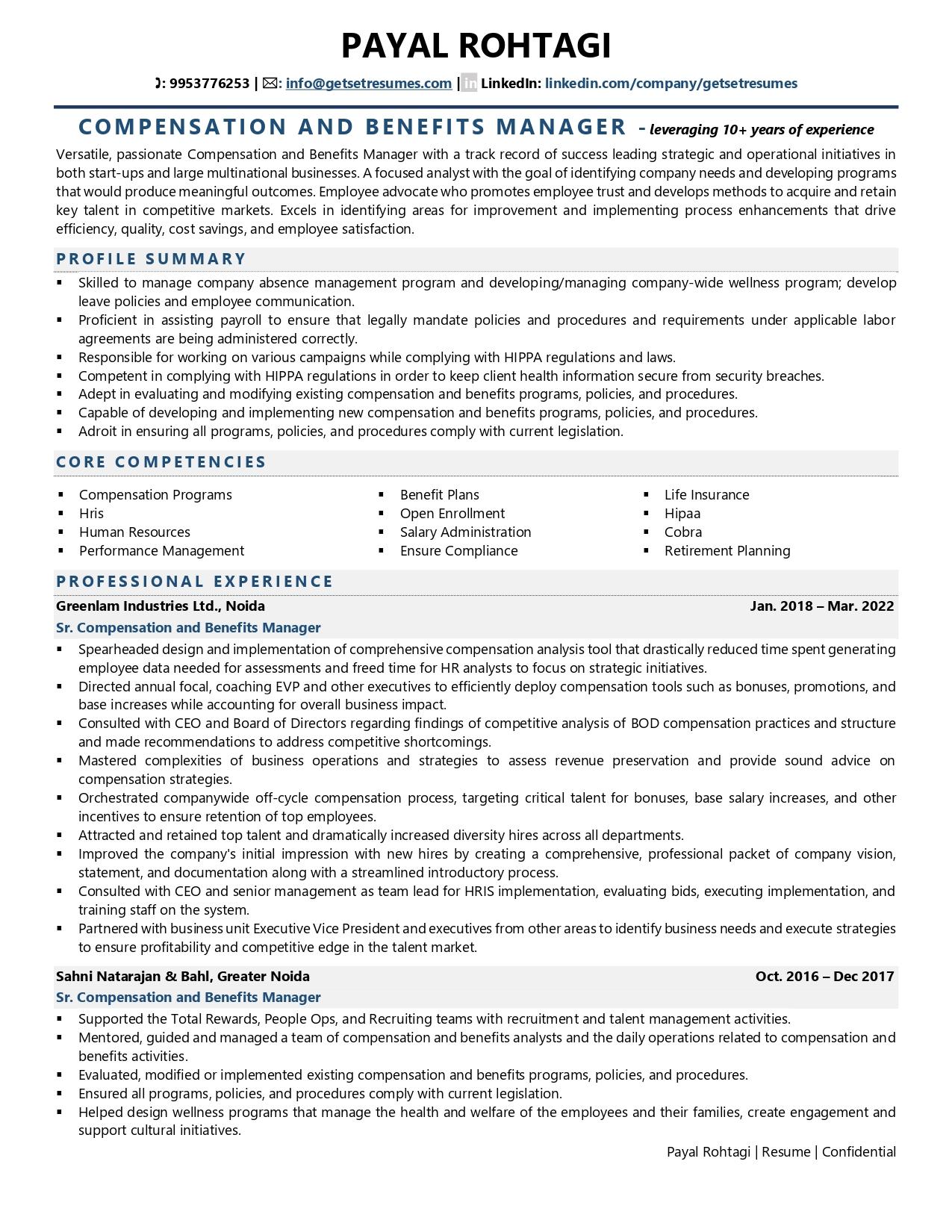 Compensation & Benefits Manager - Resume Example & Template