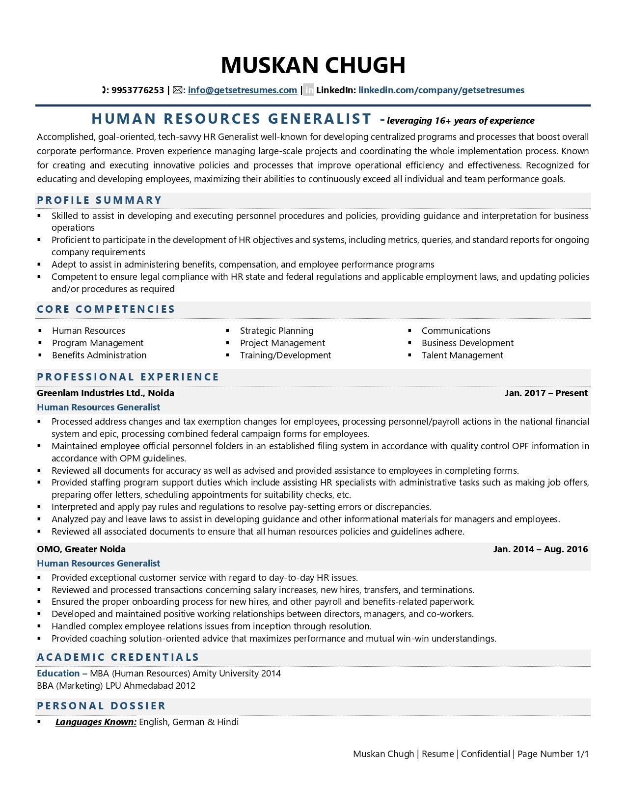 resume template for hr generalist