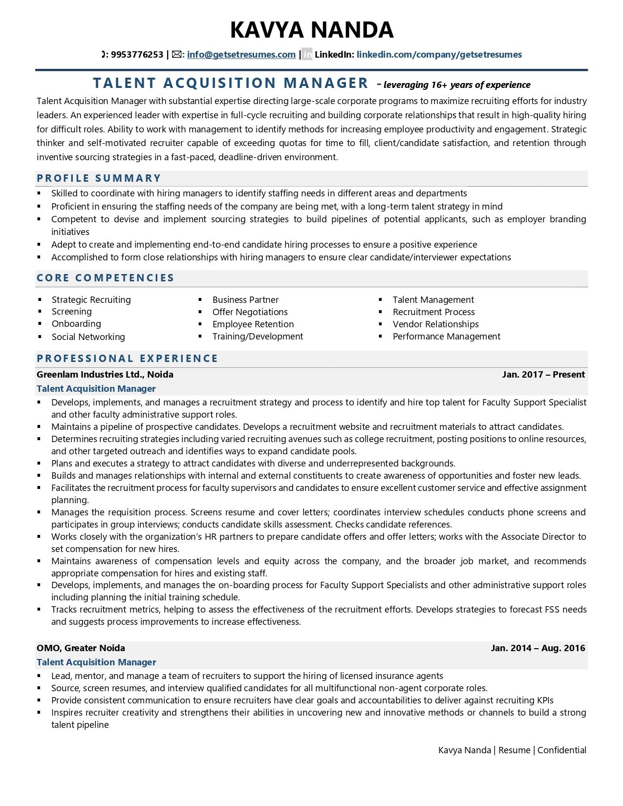 Talent Acquisition Manager - Resume Example & Template