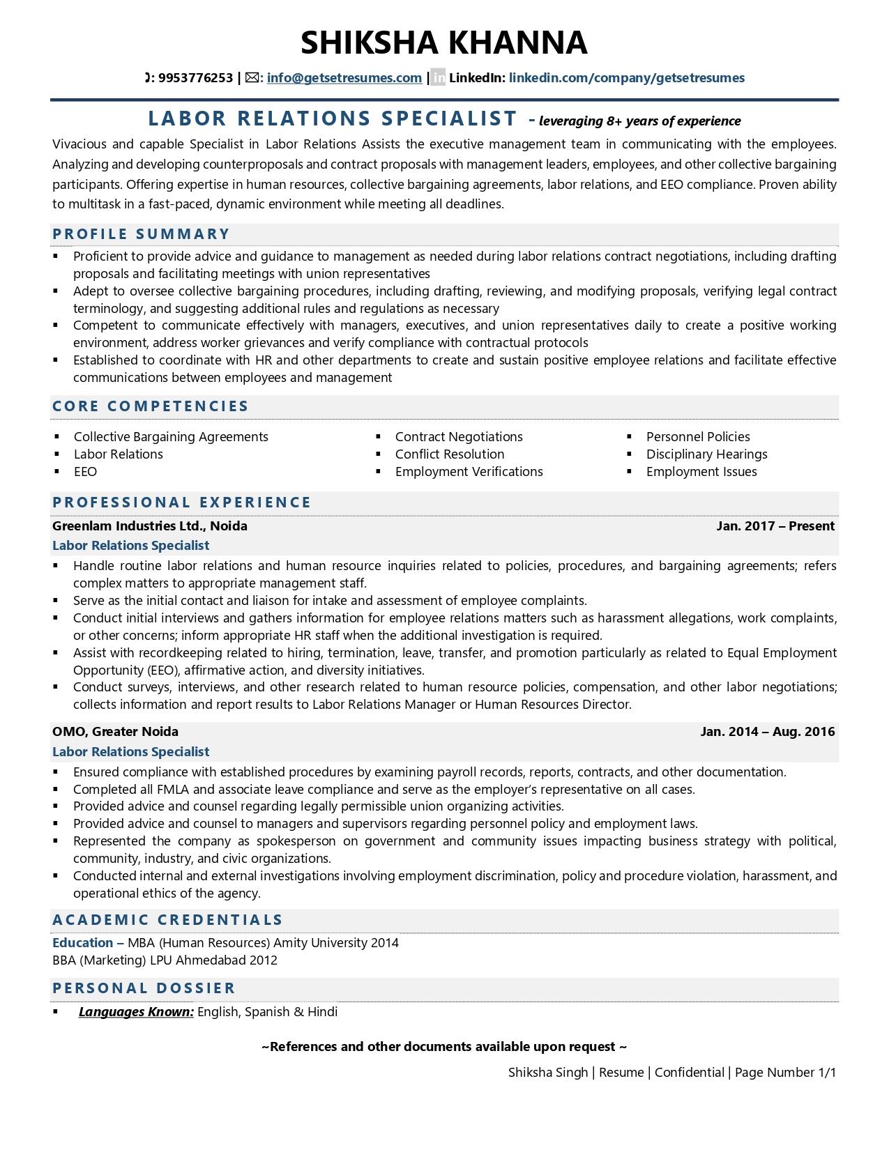 Labor Relations Specialist - Resume Example & Template