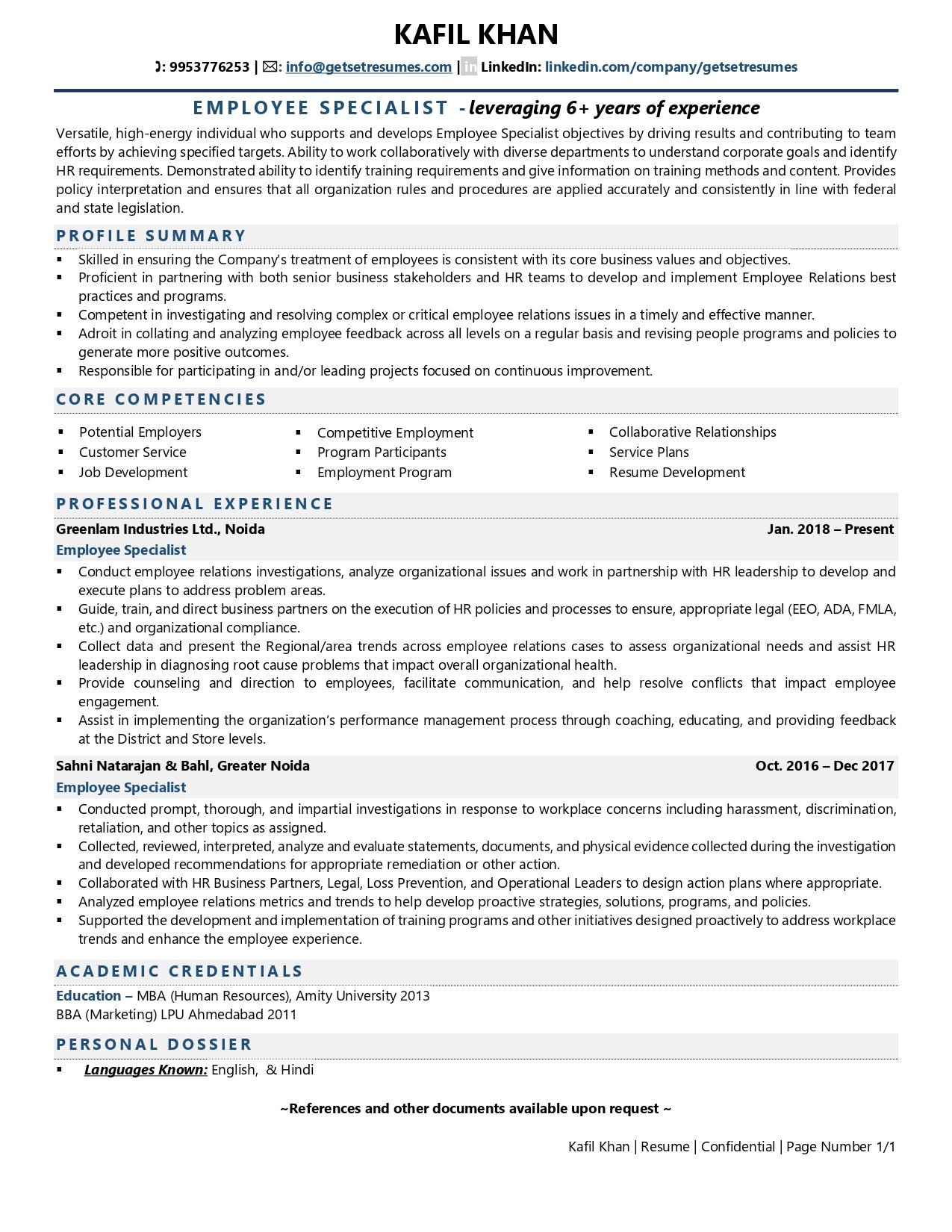Employee Specialist - Resume Example & Template