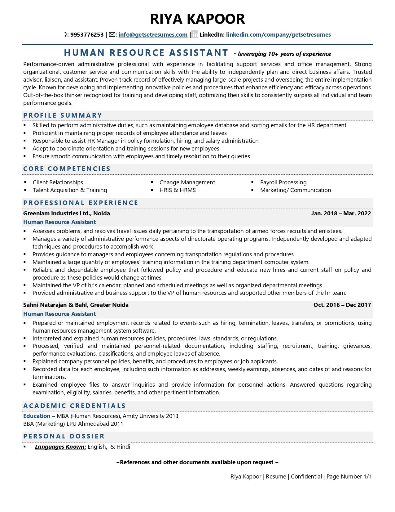 Human Resource Assistant - Resume Example & Template