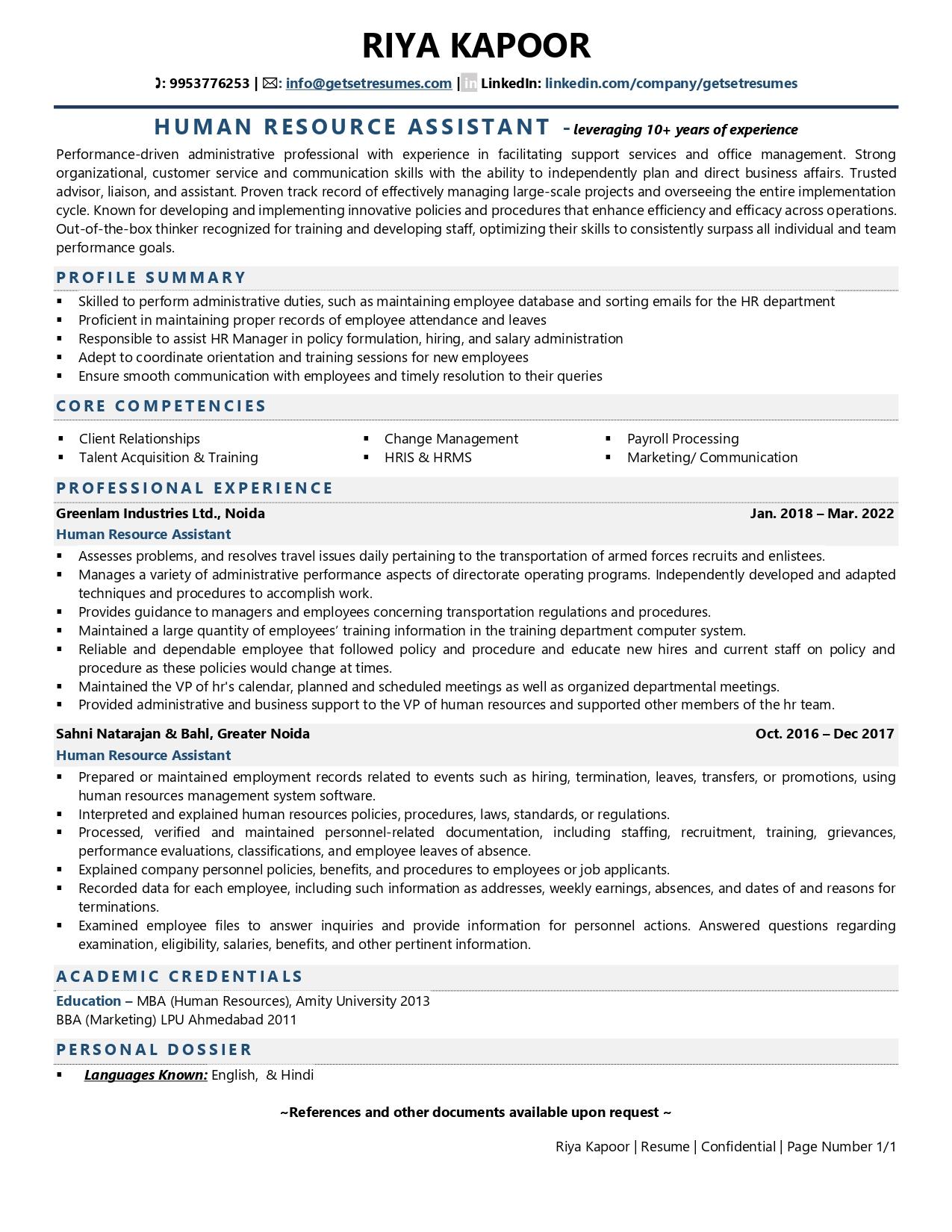 human resource assistant job description for resume