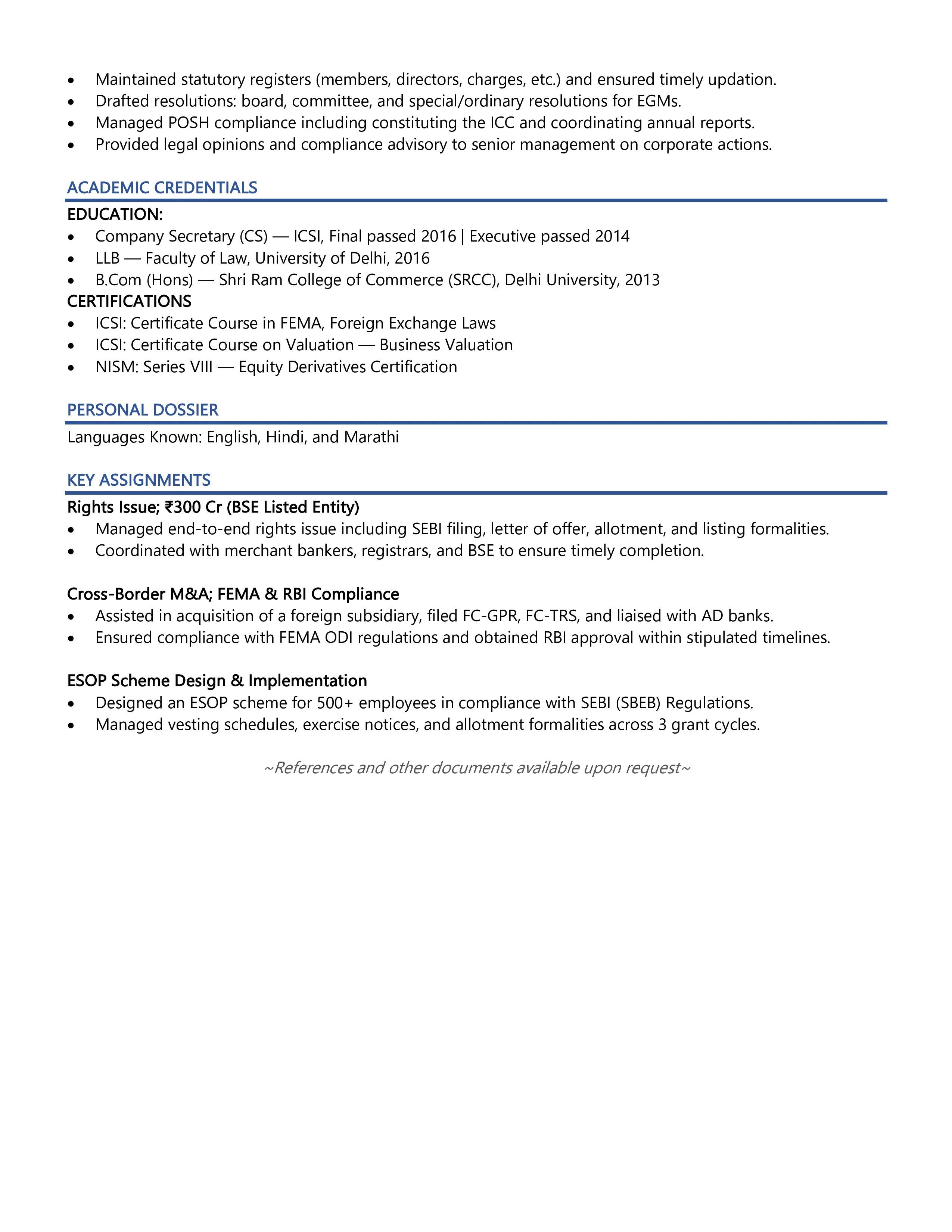 Company Secretary (CS) - Resume Example & Template