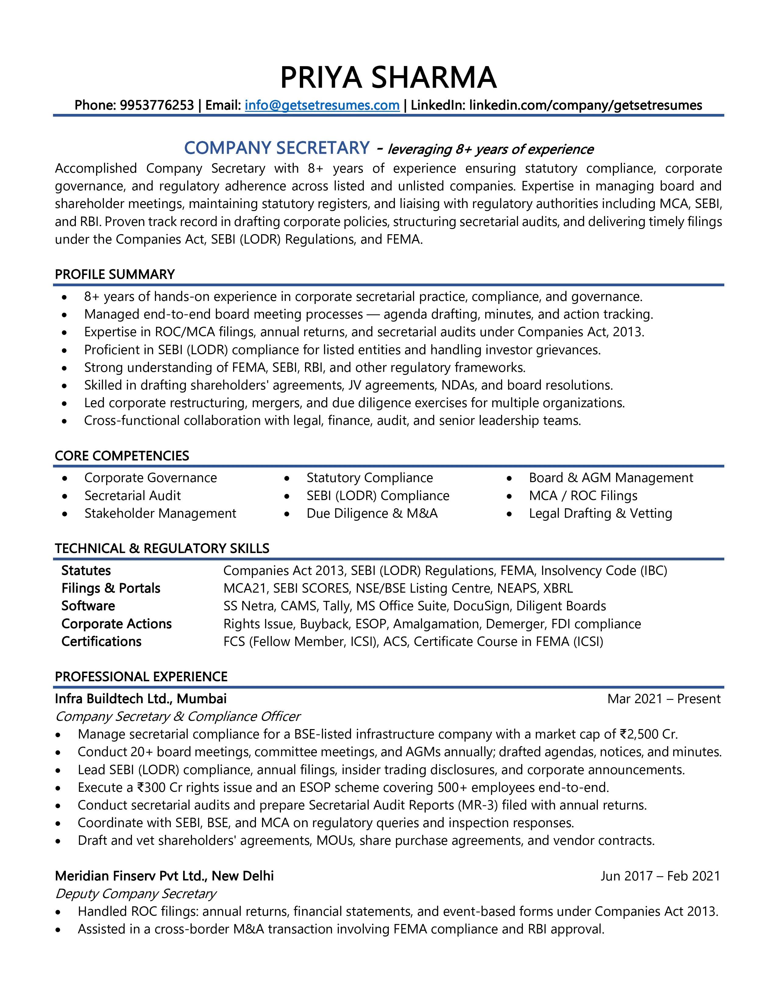 Company Secretary (CS) - Resume Example & Template
