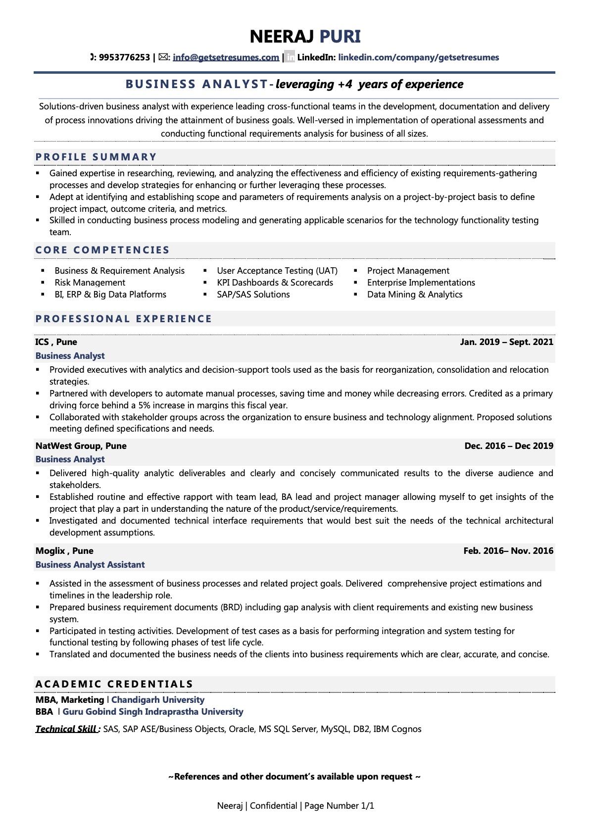 resume samples for business analyst