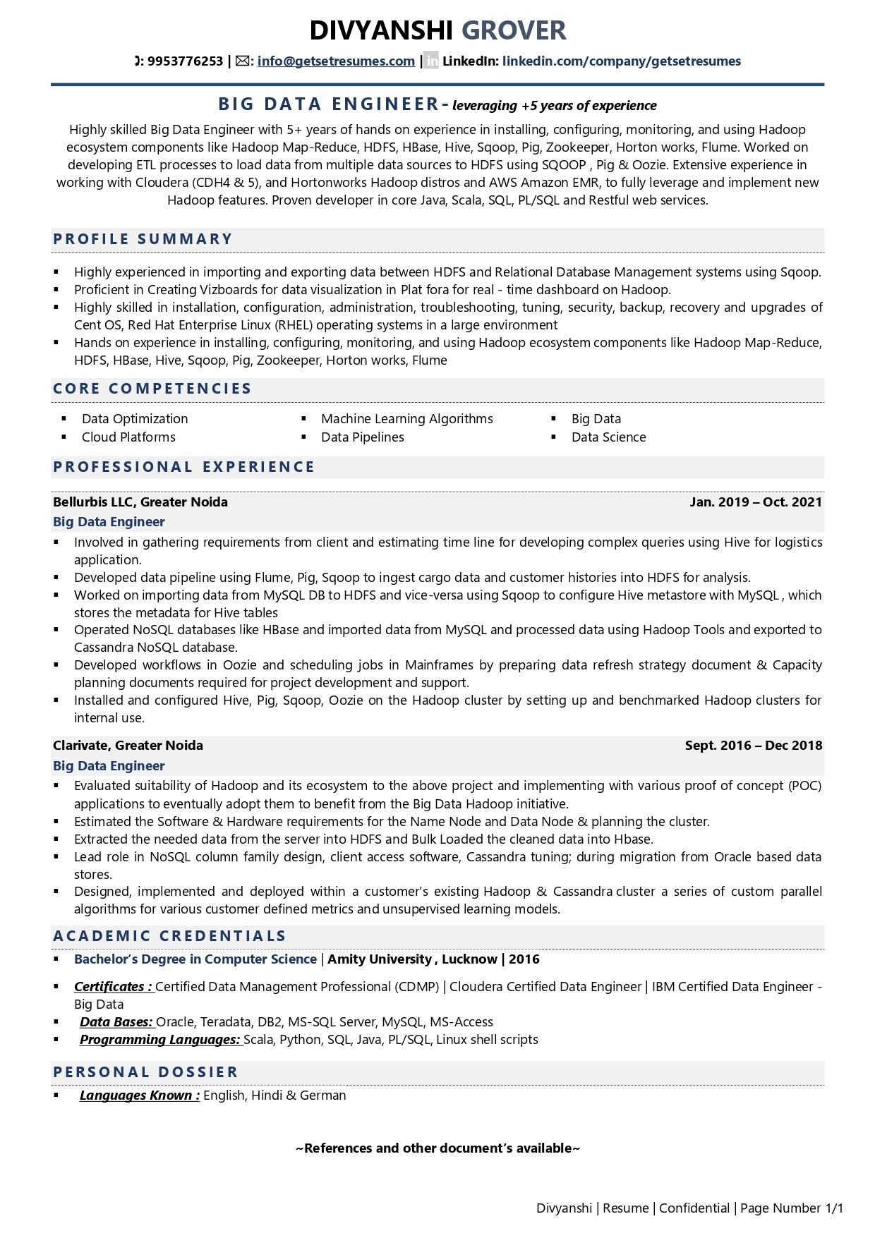 big data support engineer resume