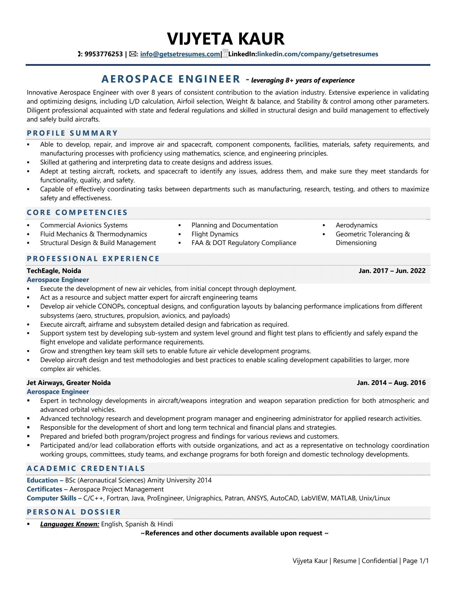 Aerospace Engineer - Resume Example & Template