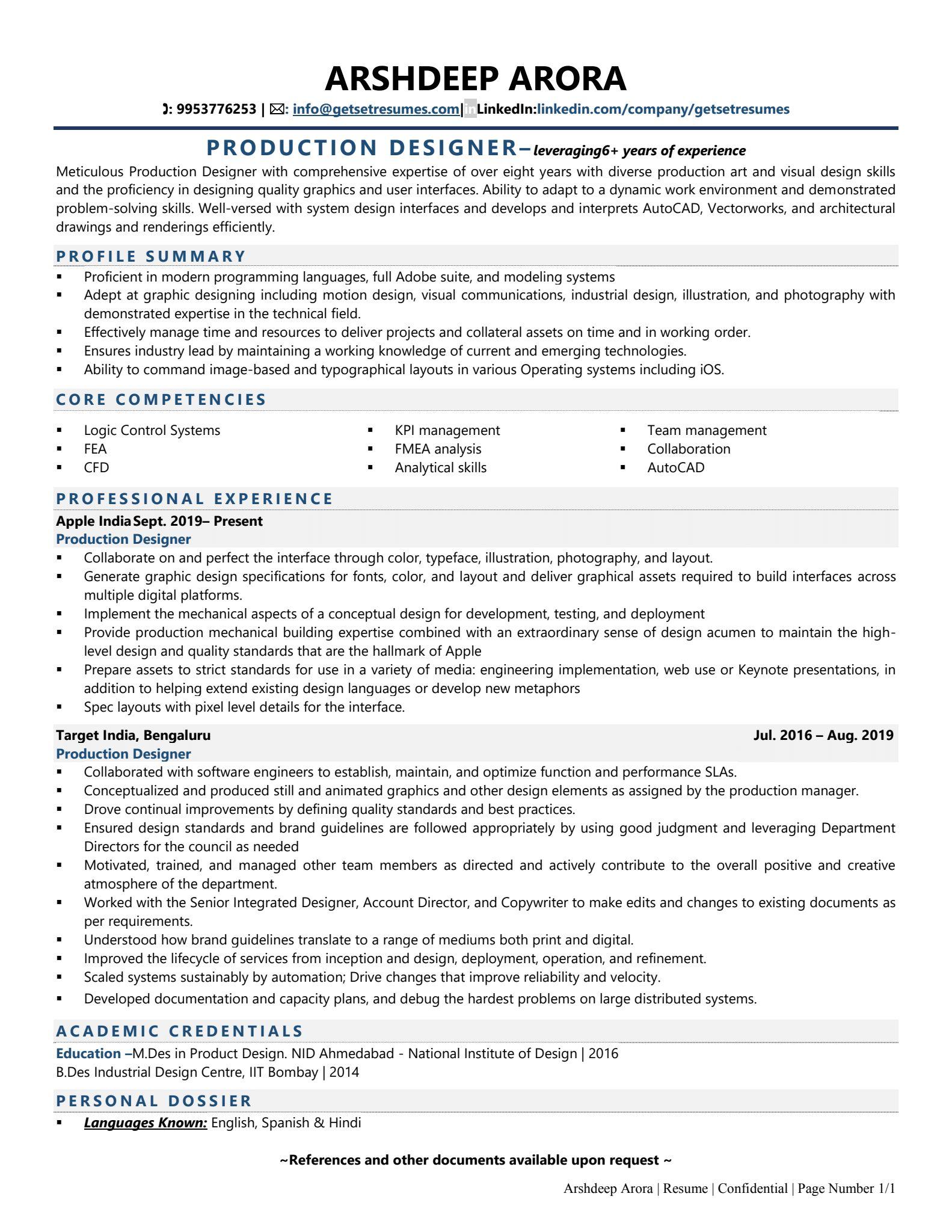 Production Designer - Resume Example & Template