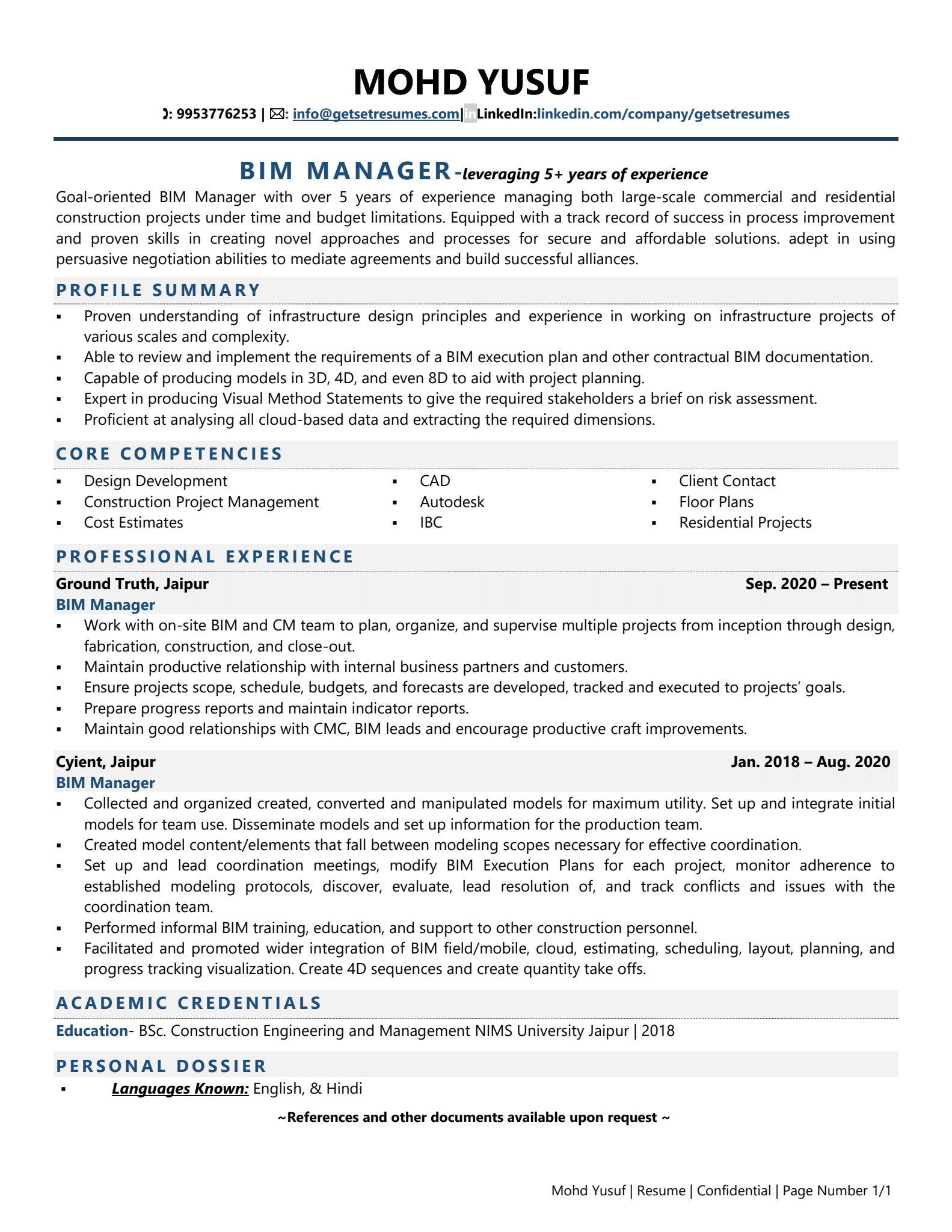 BIM Manager - Resume Example & Template