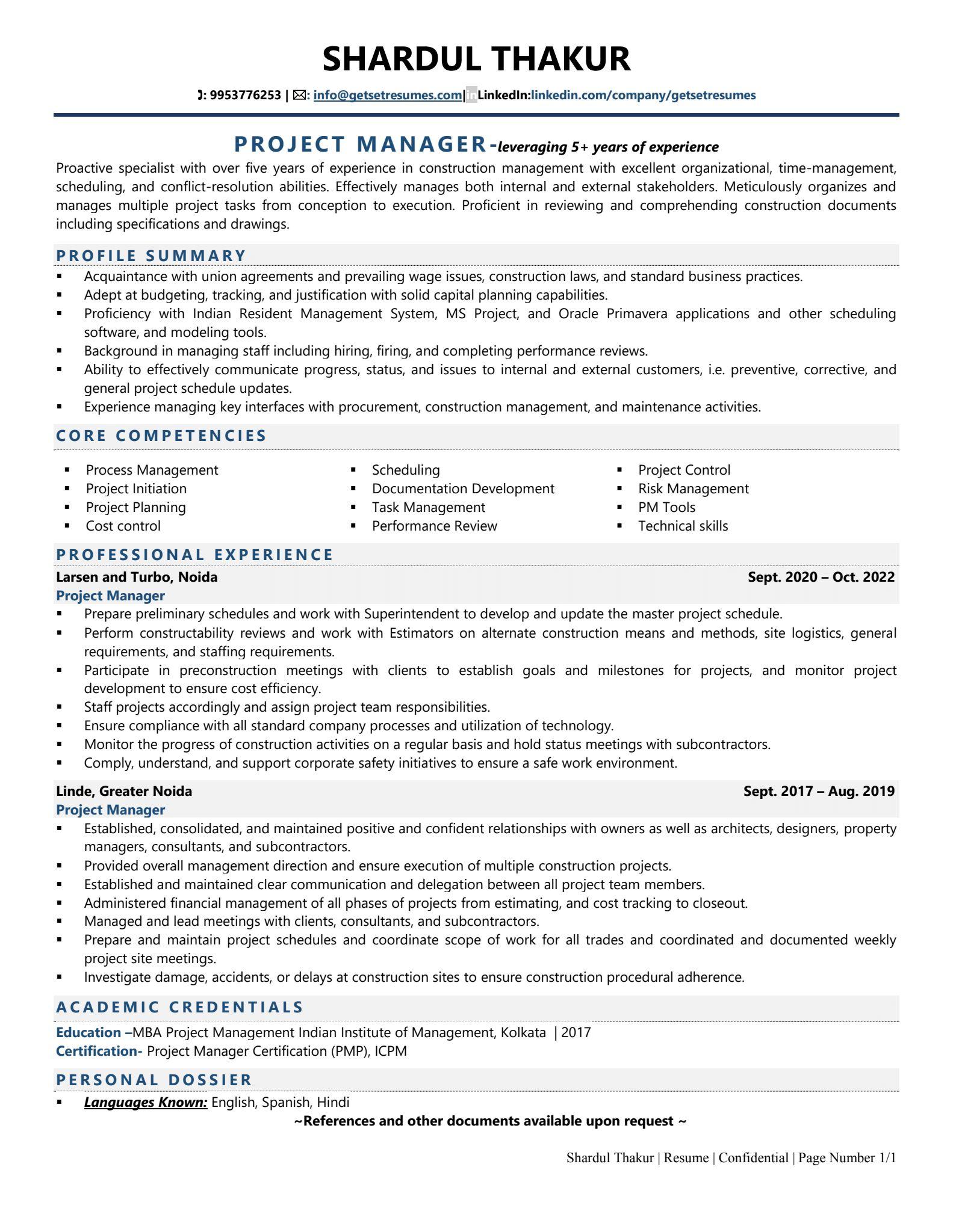 project manager resume job description