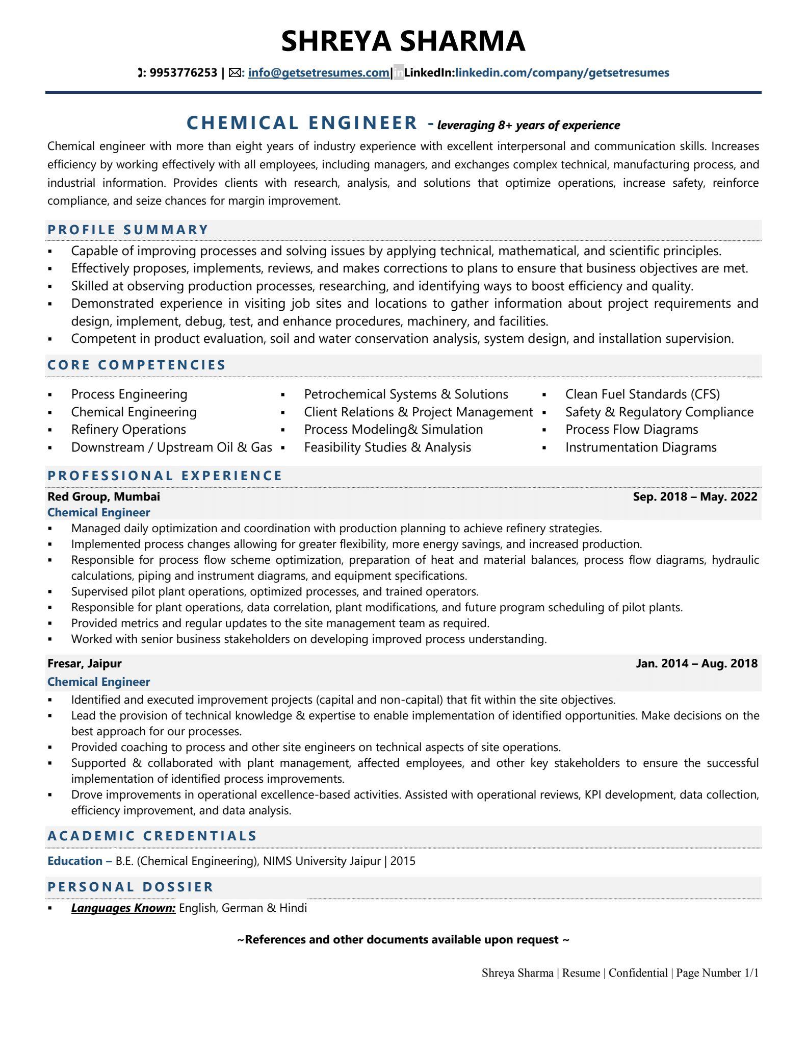 Chemical Engineer - Resume Example & Template