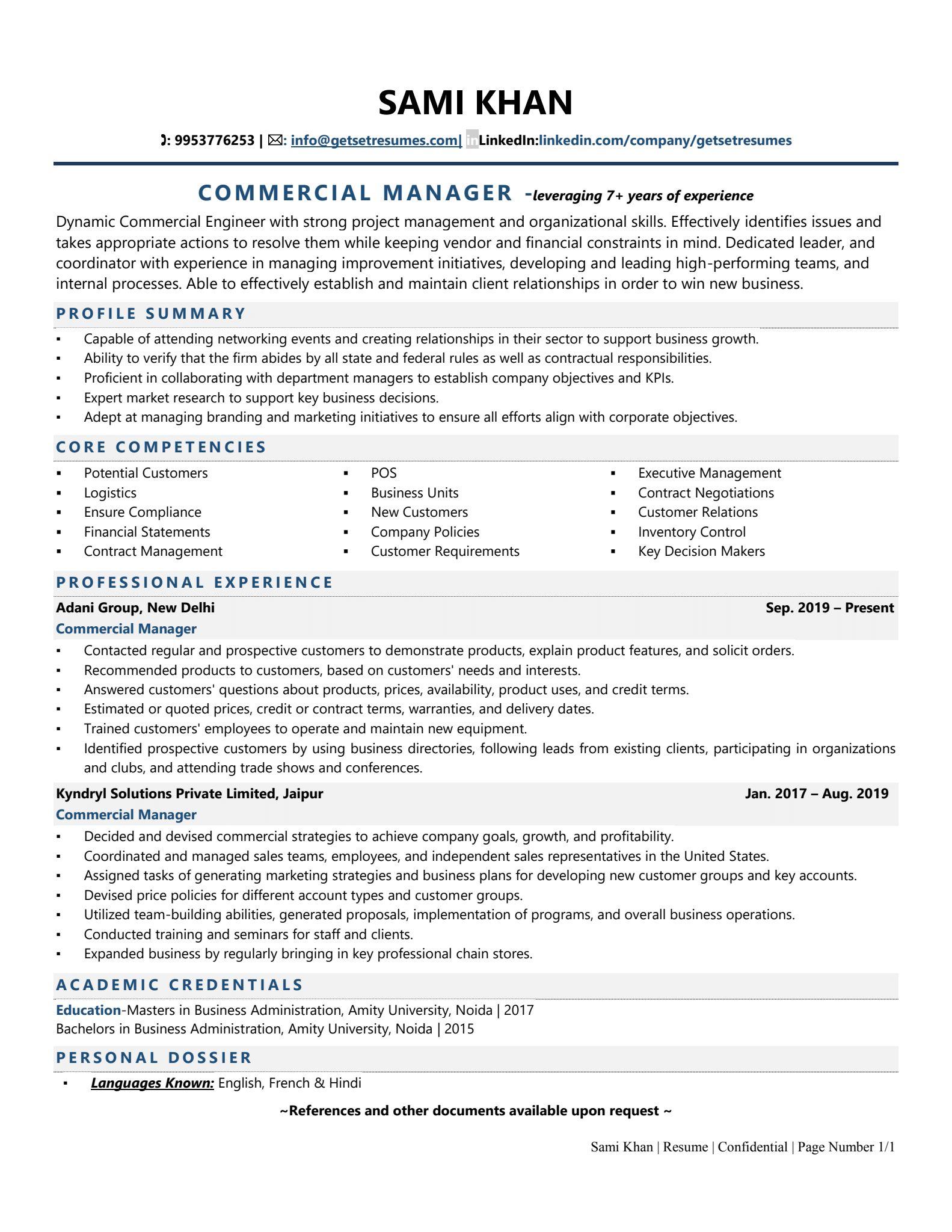 Commercial Manager - Resume Example & Template