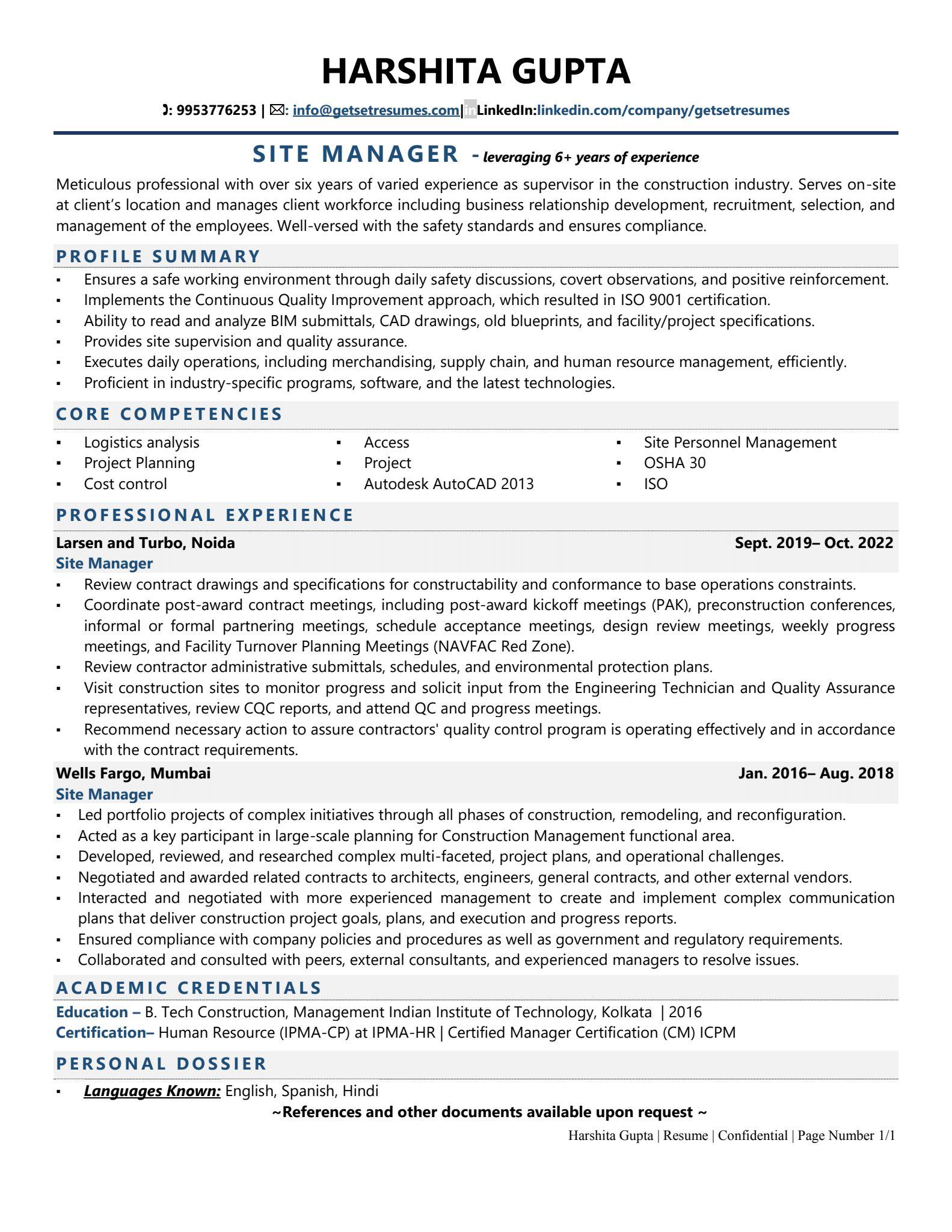 Site Manager - Resume Example & Template