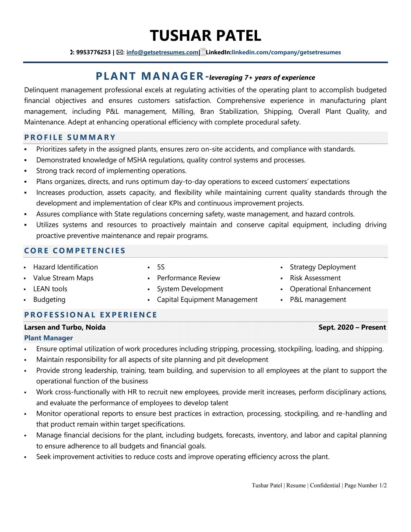 Plant Manager - Resume Example & Template