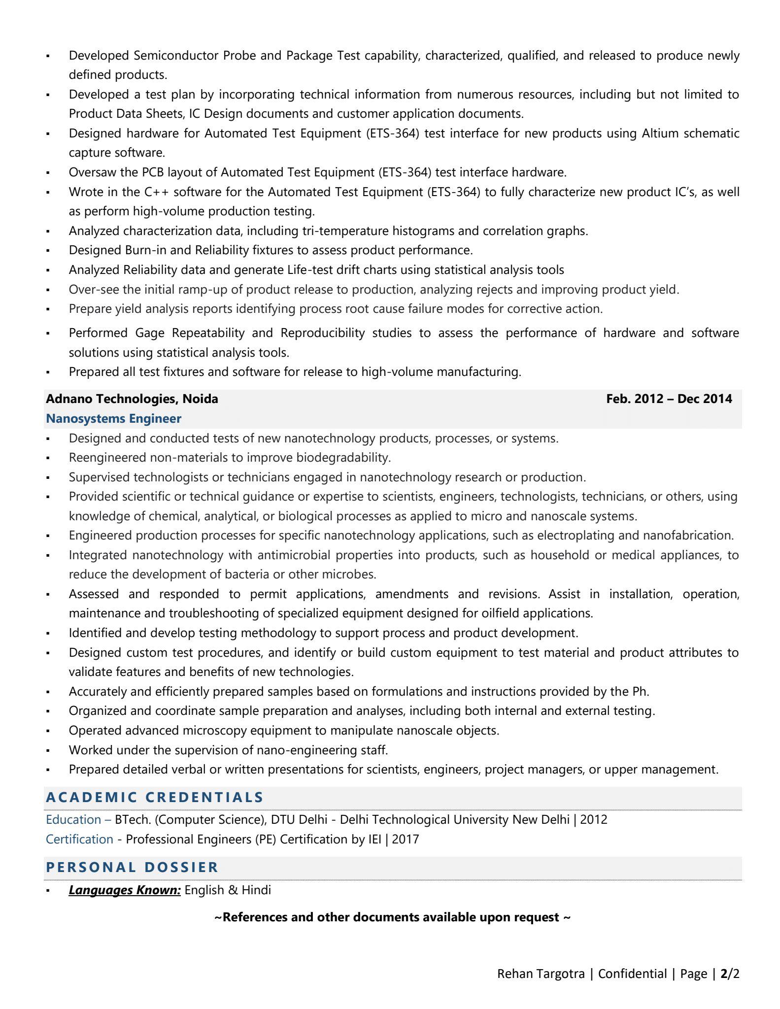 Microsystems & Nanosystems Engineer - Resume Example & Template