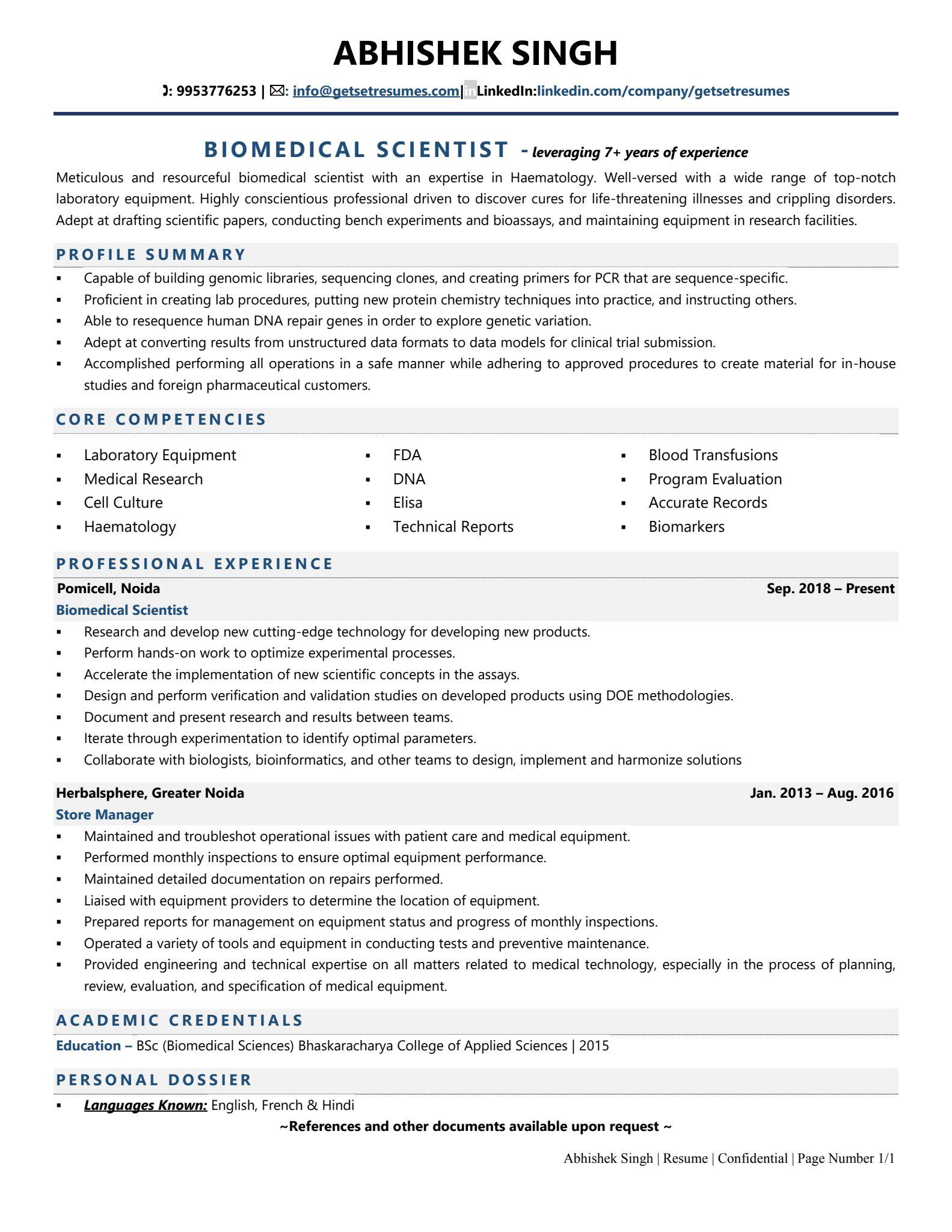 Biomedical Scientist - Resume Example & Template