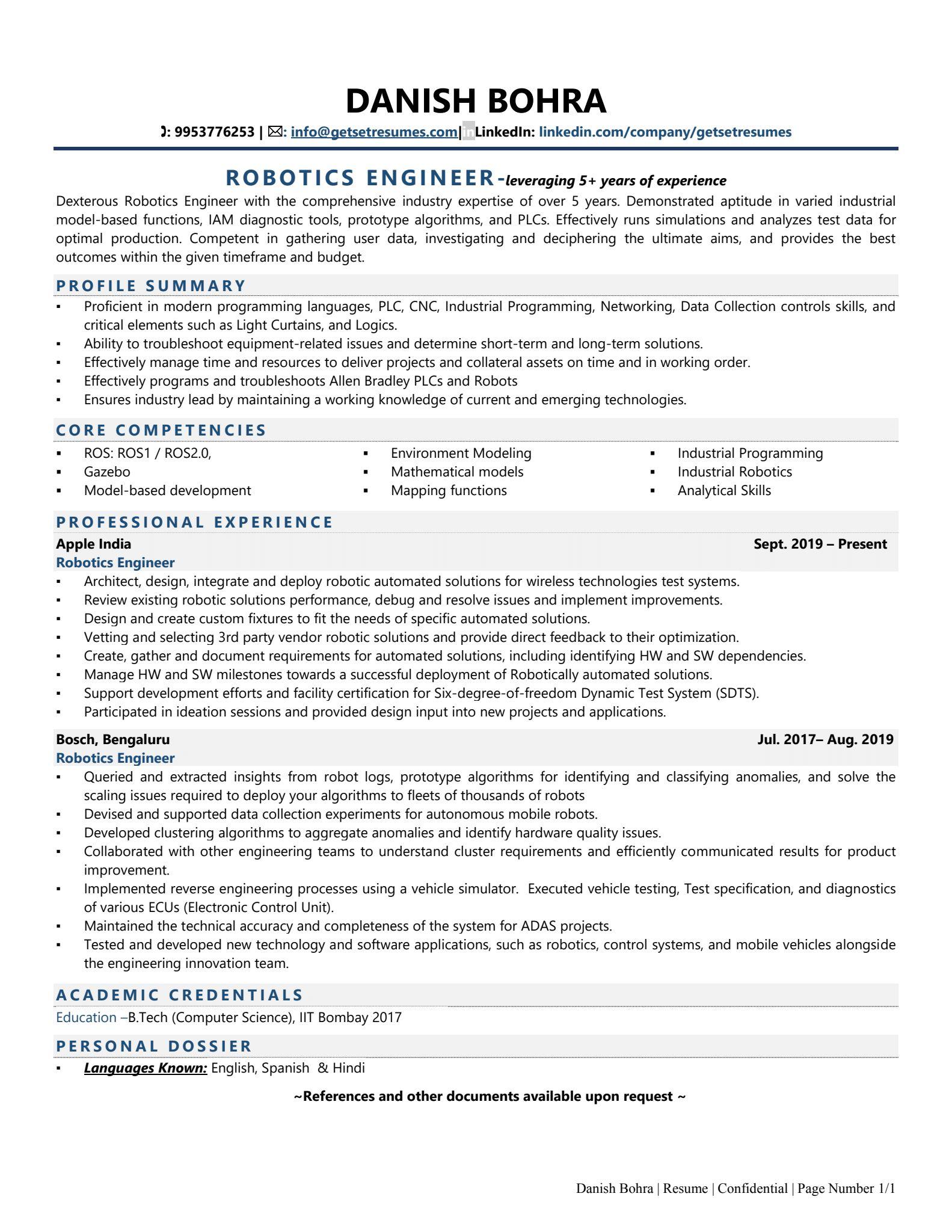 Robotics Engineer - Resume Example & Template