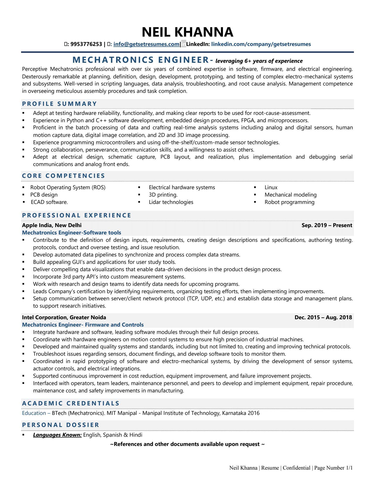 Mechatronics Engineer - Resume Example & Template